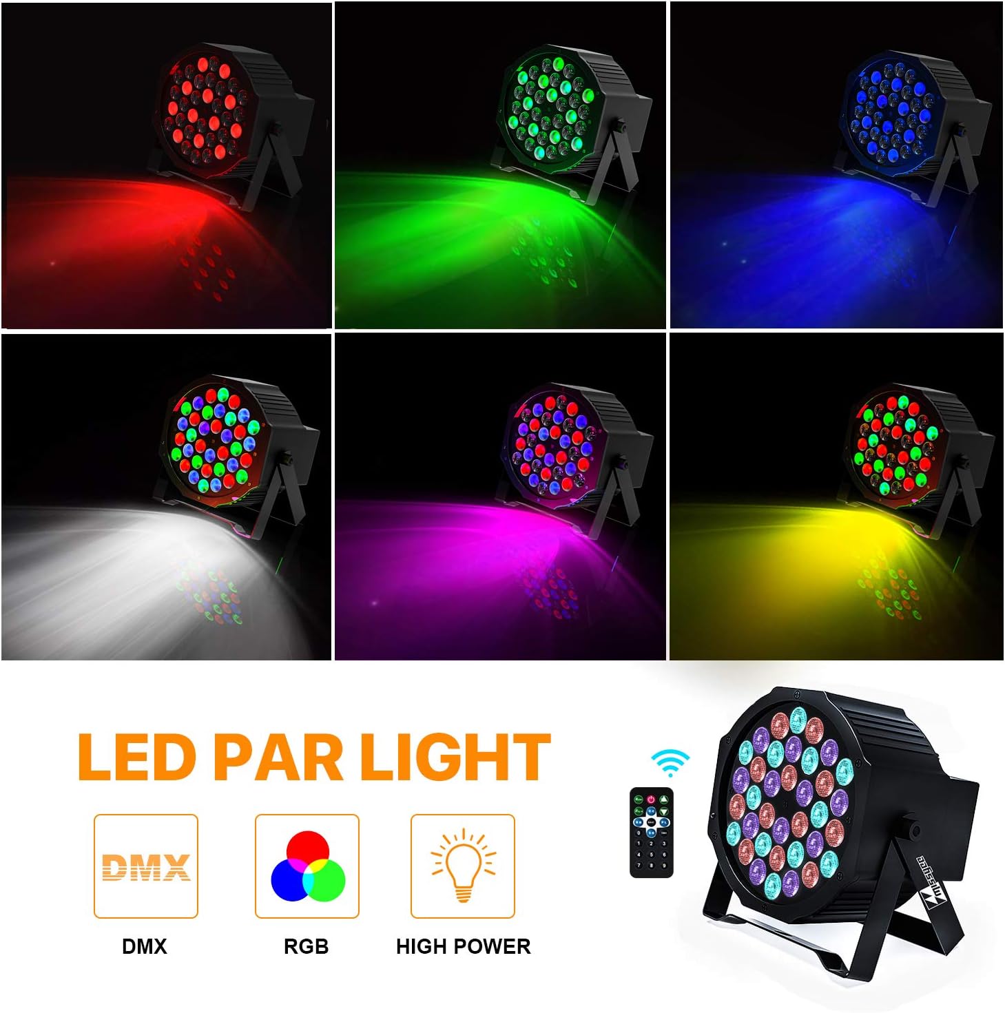 UP Lights, Missyee 36 X 1W RGB LED DJ Lights Sound Activated Stage Lights Package with Remote Compatible with DMX-512 Controller, 9 Modes LED DJ Lights for Wedding Birthday Party Club (4 Pack)