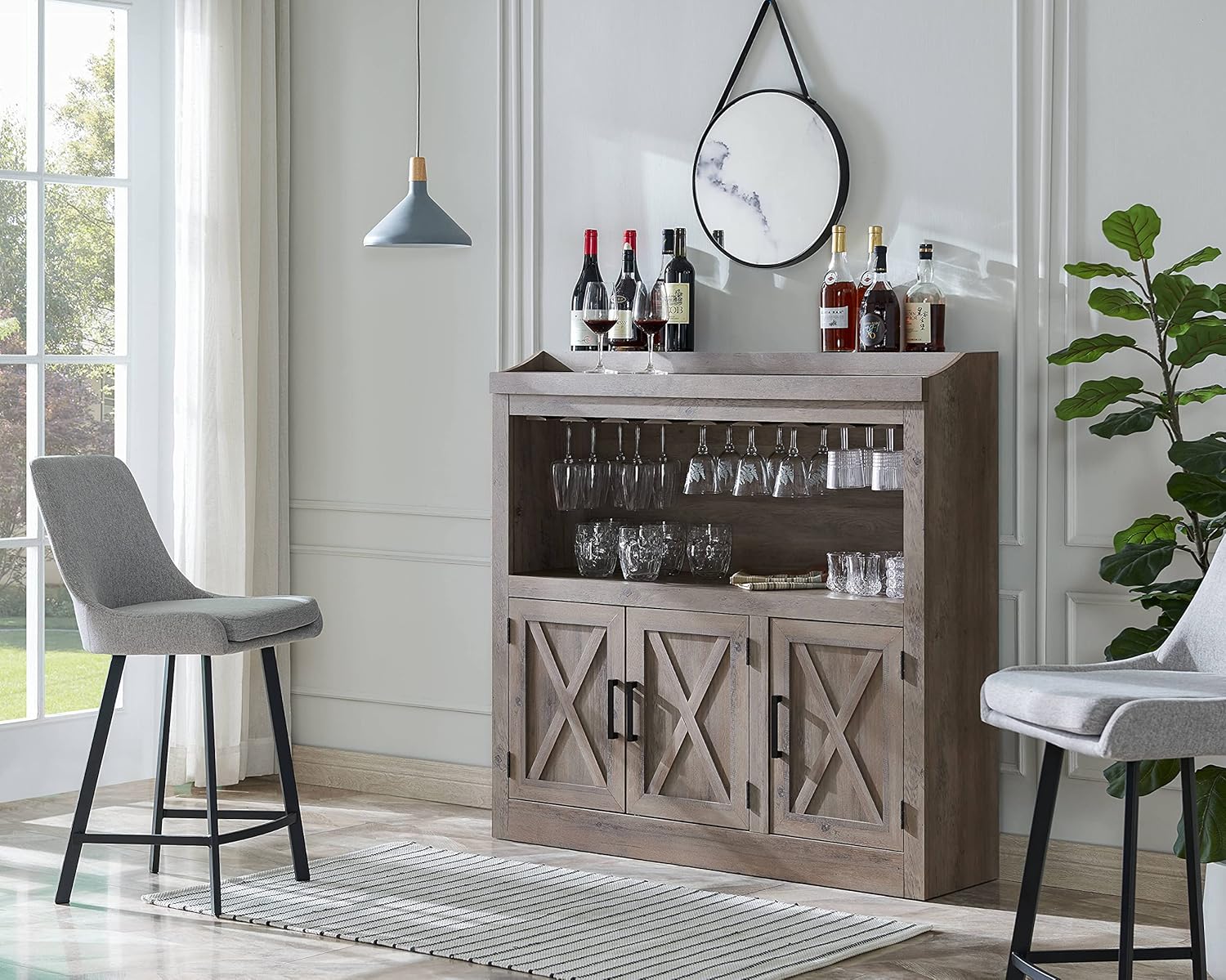 Home Source Bar Cabinet with Stem Glass Placement and Wooden Doors in Grey Wash