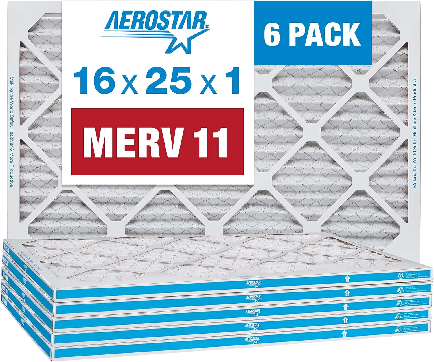 Aerostar 16x25x1 MERV 11 Pleated Air Filter, AC Furnace Air Filter, 6 Pack (Actual Size: 15 3/4