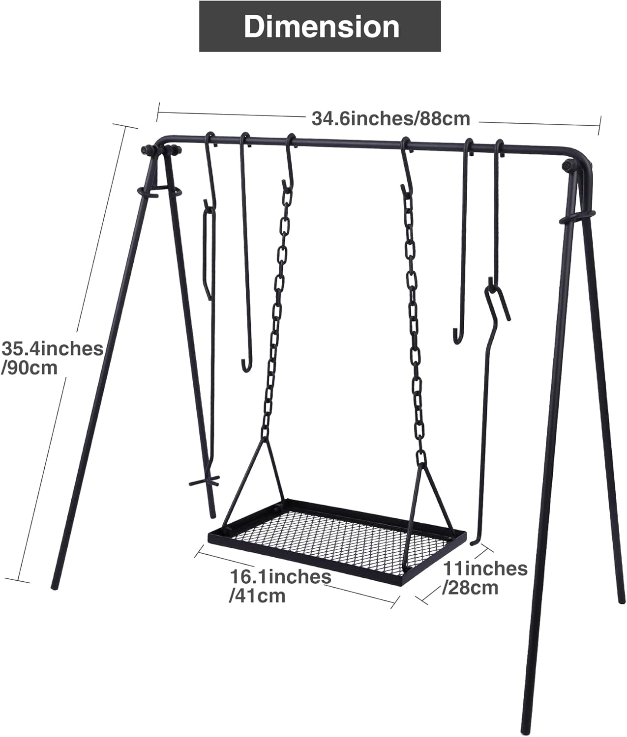 Lineslife Grill Swing Campfire Cooking Stand with Adjusatble Chains, Collapsible BBQ Grill with Hooks and Accessories for Outdoor Camping Cookware & Dutch Oven