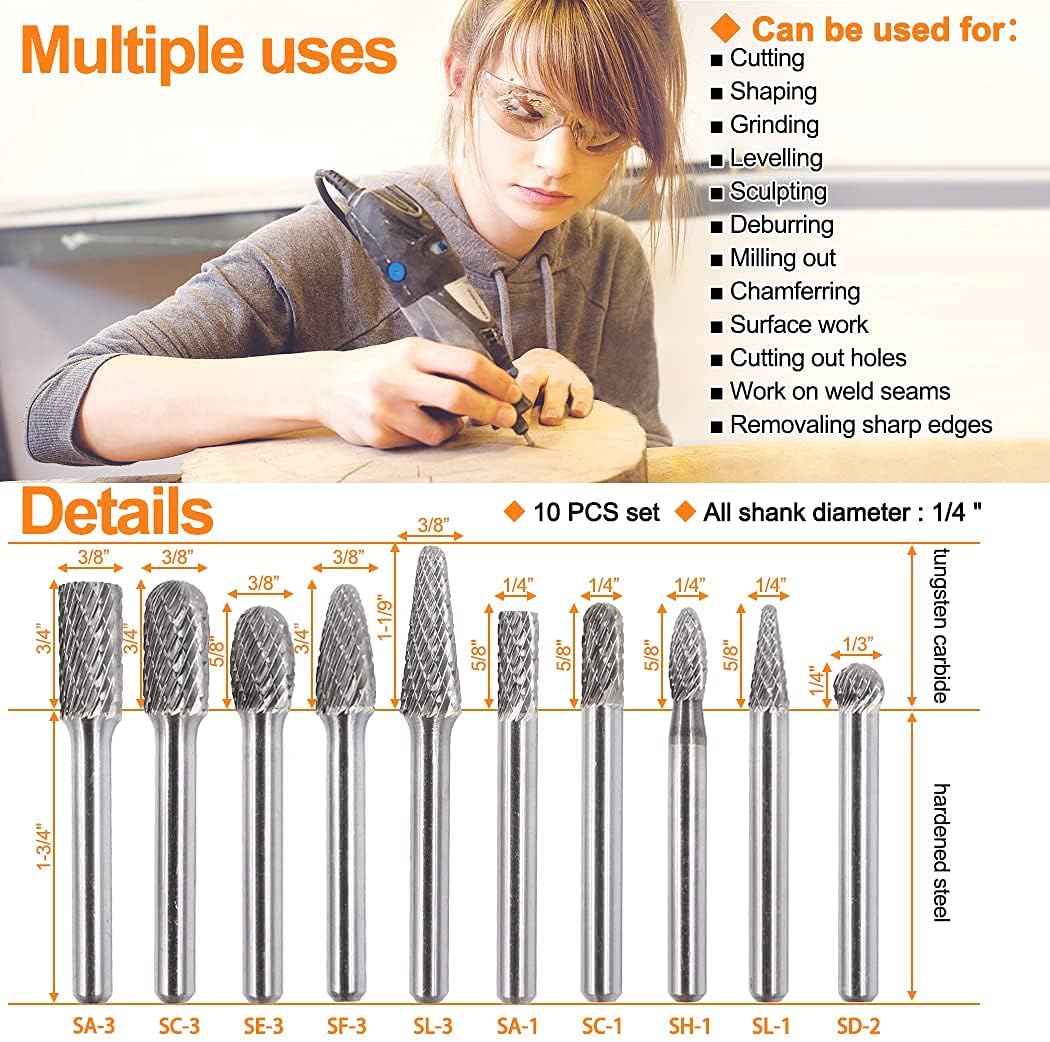 WUWTOOLS Tungsten Carbide Rotary Burrs Set 1/4 Shank file bit 10PCS Double cut Rotary tool Die grinder Drill Accessories Metal Steel Wood Glass Plastic Stone DIY Carving Polishing Cutting Shaping