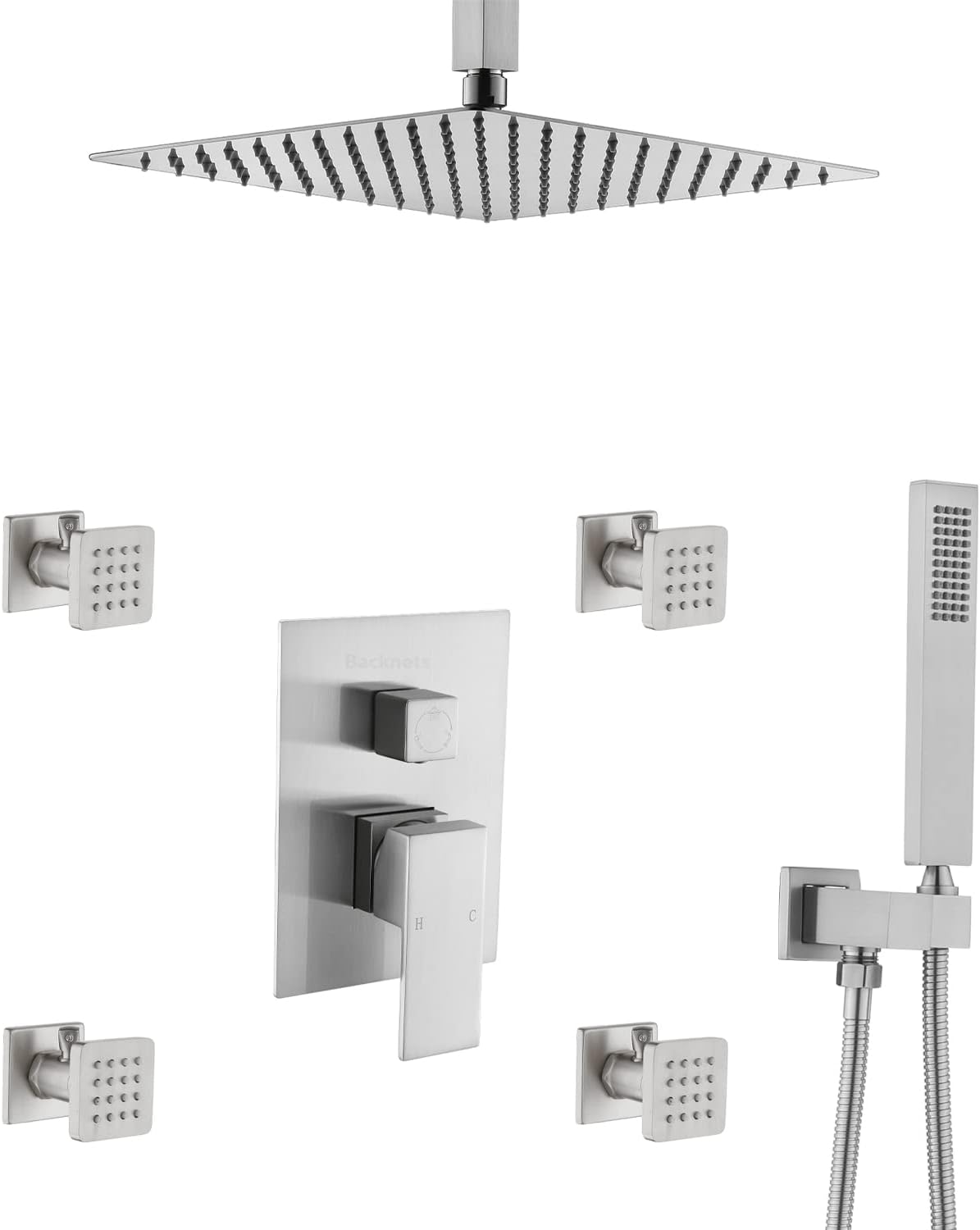 Backnets shower system,12 inch Wall Mount High Pressure Handheld Shower Head System with Body Sprays,Bathroom Shower Fixtures Rain Mixer Shower System Combo(Matte Black)