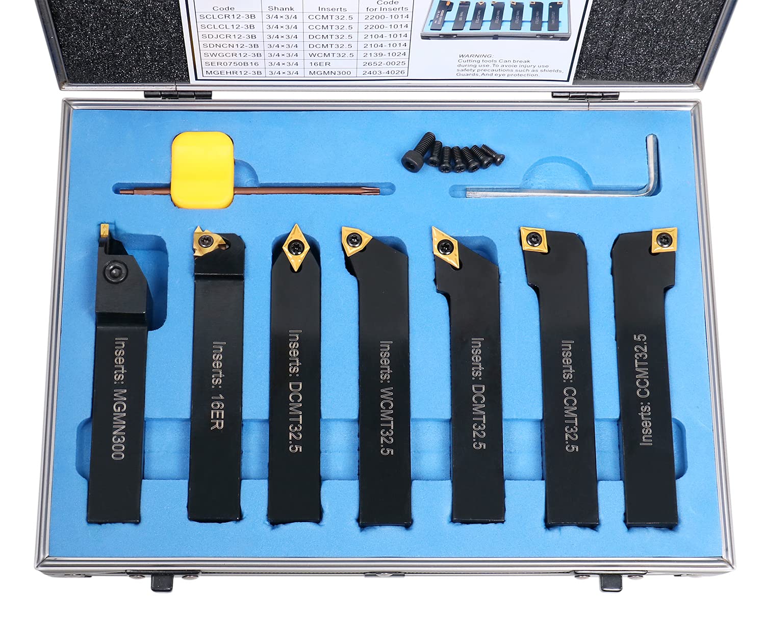 Accusize Industrial Tools 3/4'' Shank 7 Pc Indexable Carbide Turning Tool Set in Fitted Box, 2387-2006