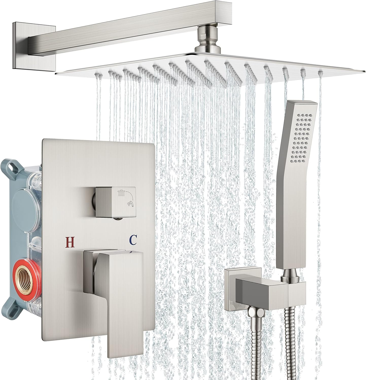 Aolemi Matte Black Rainfall Shower System 12 Inch Shower Head Combo Set with Handheld Shower Luxury Pressure Rough-In Valve Included Wall Mount Bathroom Shower Mixer Faucet