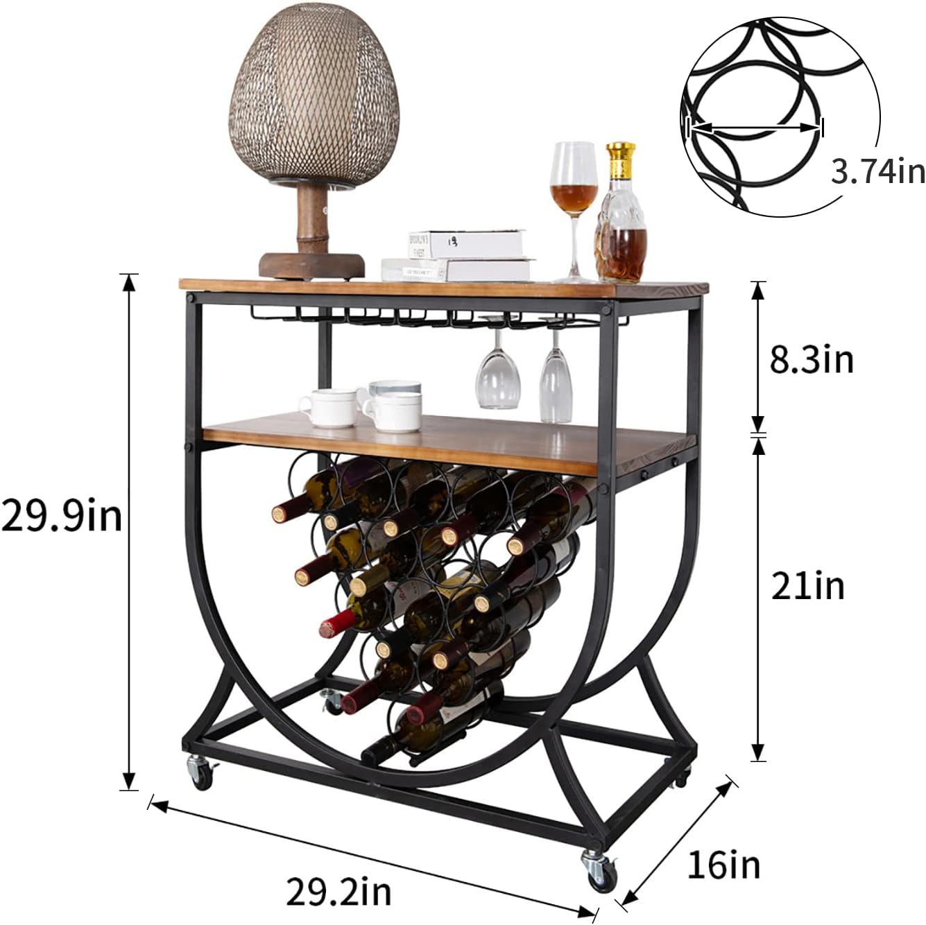 BENOSS 15-Bottle Industrial Wine Bar Rack for Home, Metal & Wood Wine Display Rack with Glass Holder, Kitchen Wine Storage Cabinet, Vintage Brown