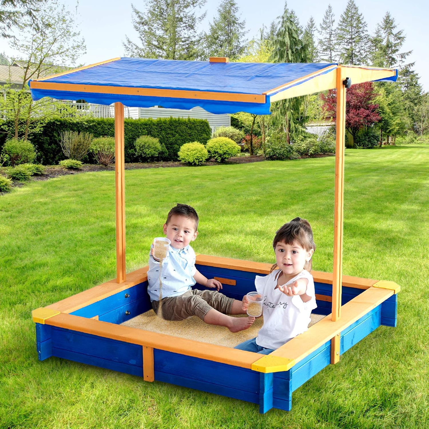 Teamson Kids - Wooden Outdoor Kids Sandbox Toys with Canopy for Garden, Backyard, Natural/Blue