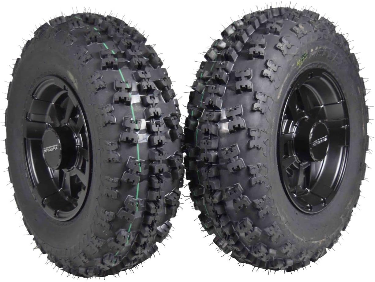 MASSFX MK 21x7-10 ATV Front Tire & 10x5 4/144 Black Wheel Kit fits Honda TRX, Kawasaki KFX, Suzuki Z250 & Arctic Cat DVX 21x7x10 (2 Pack)