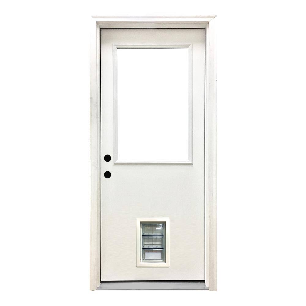 Steves u0026 Sons 30 in. x 80 in. Classic Clear Half Lite RHIS White Primed Fiberglass Prehung Back Door with Med Pet Door
