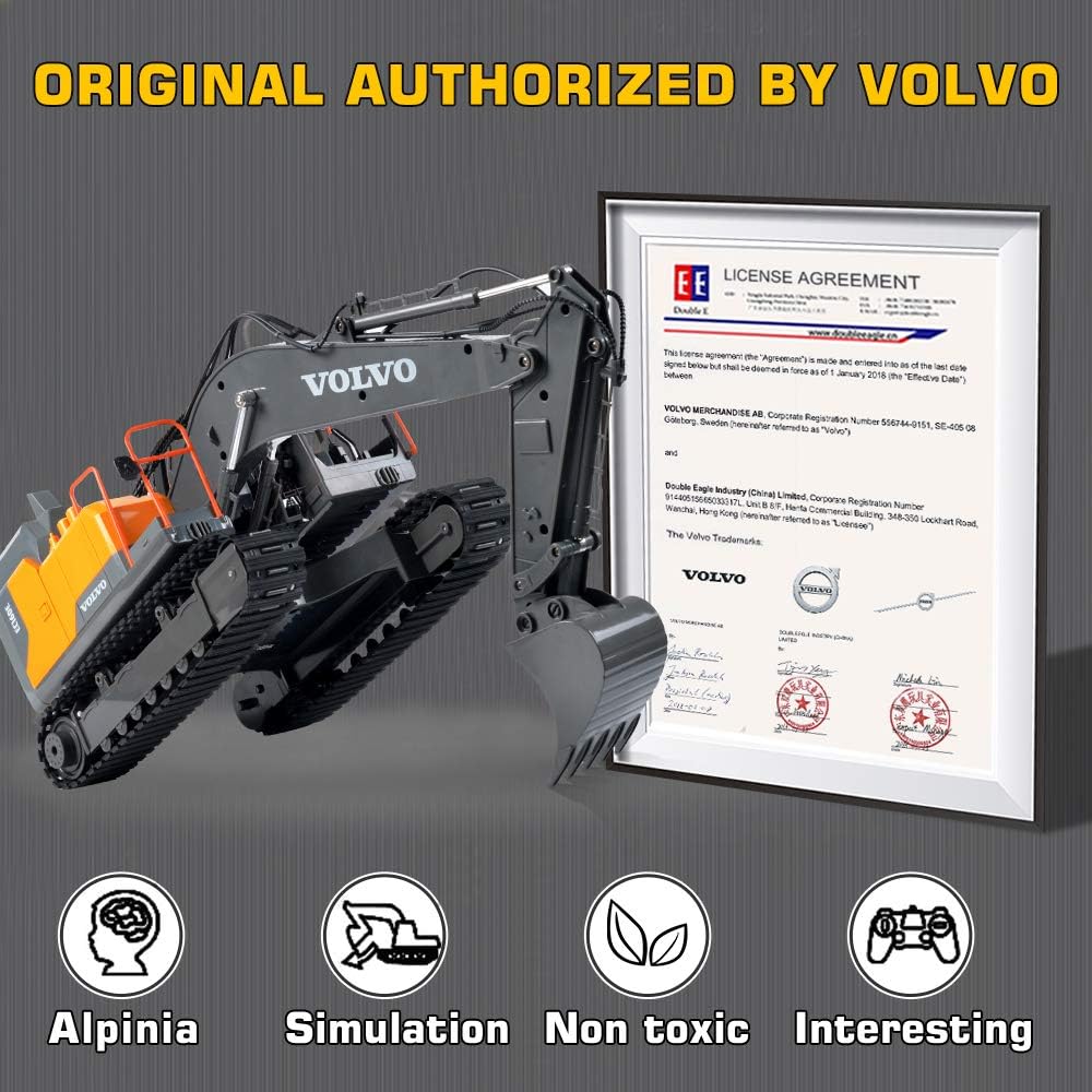 Volvo RC Excavator 3 in 1 Construction Truck Metal Shovel and Drill 17 Channel 1/16 Scale Full Functional with 2 Bonus Tools Hydraulic Electric Remote Control Excavator Construction Tractor