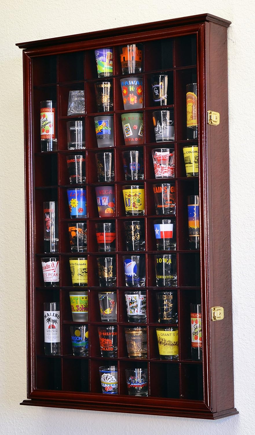 54 Shot Glass Shotglass Shooter Display Case Holder Cabinet Wall Rack w/ UV Protection -Black