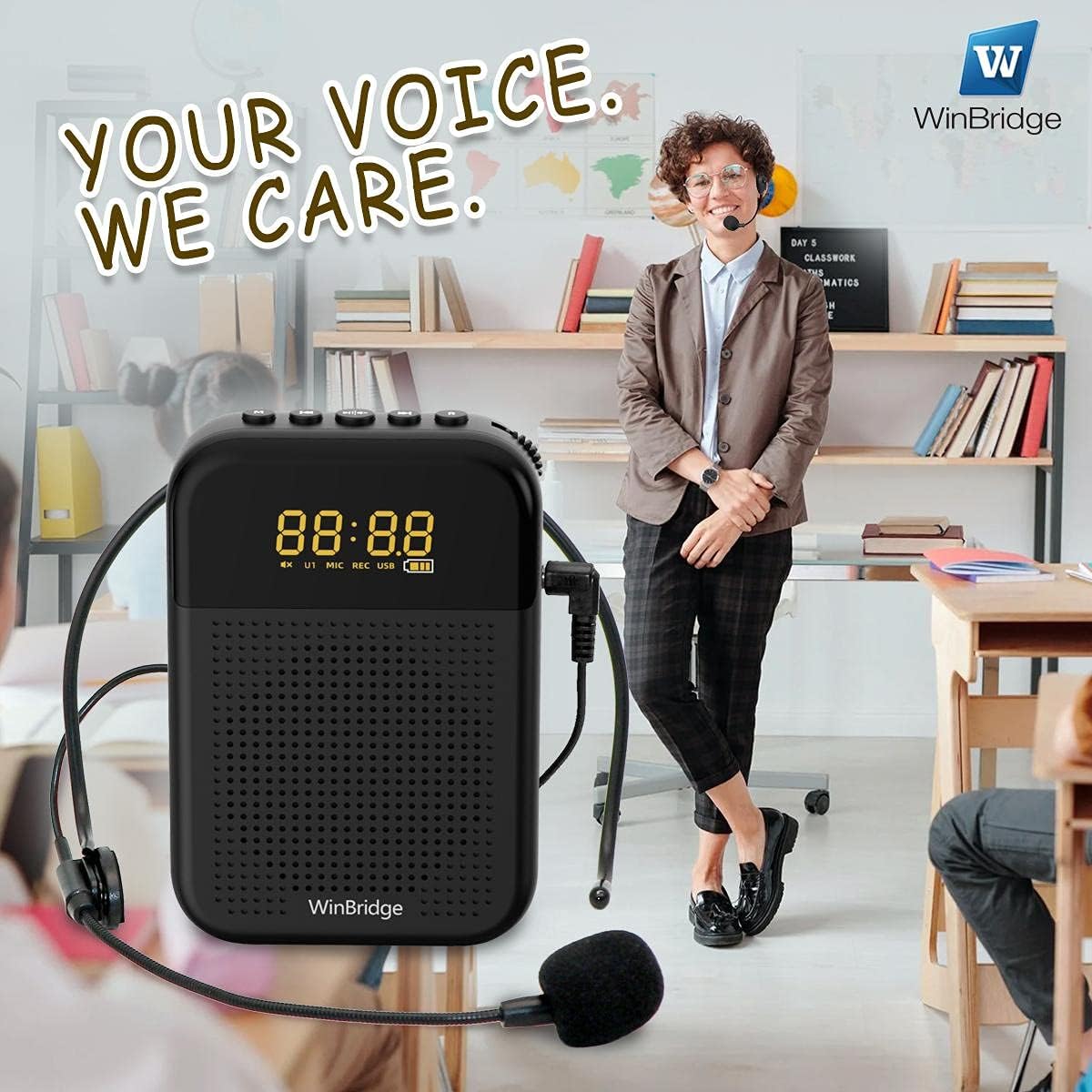 WinBridge Voice Amplifier Portable Speaker with Wired Microphone Headset 16W | 2500mAh Larger Capacity Mini Pa System Support Bluetooth | Record | Mute | LED Display for Teachers S209 Pack of 2