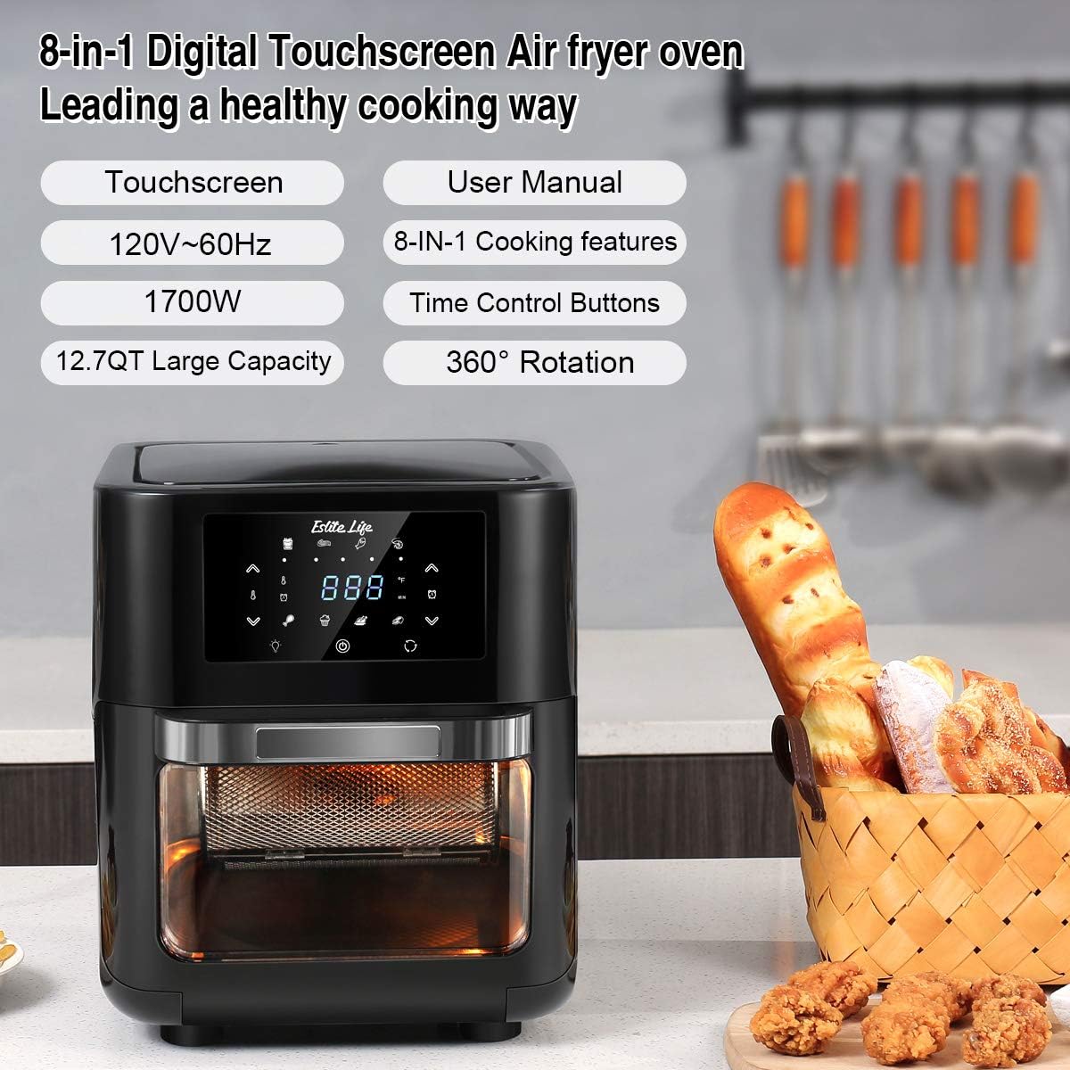 Air Fryer Oven+ Rotisserie,Multifunctional 8-in-1 Convection Oven, Touch Screen Presets Fry,Roast, Dehydrate & Bake, Auto Shutoff,Countertop Oven,6 Accessories,1700W,12.7QT, Family Size, Black