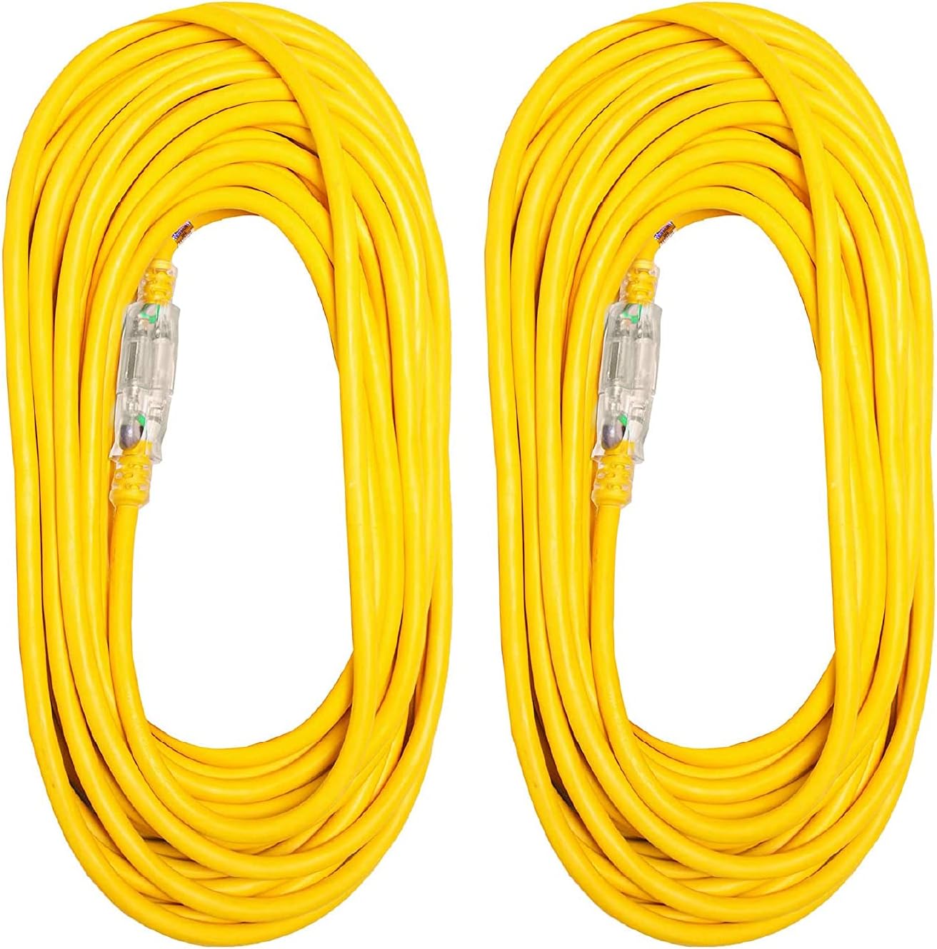 2 Pack of 50 Foot Outdoor Extension Cords - 12/3 Heavy Duty Yellow Extension Cable with 3 Prong Grounded Plug for Safety - Great for Garden and Major Appliances