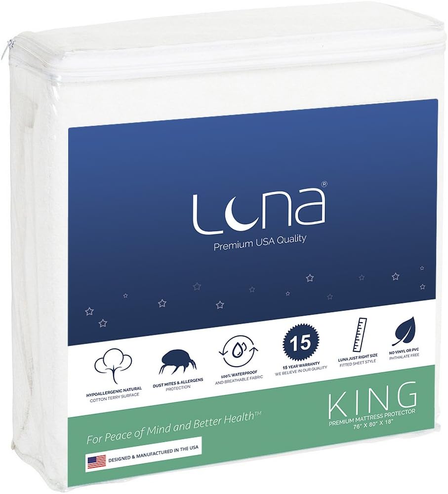 Luna King Size Premium Hypoallergenic Waterproof Mattress Protector - Made in The USA - Vinyl Free Pack of 2