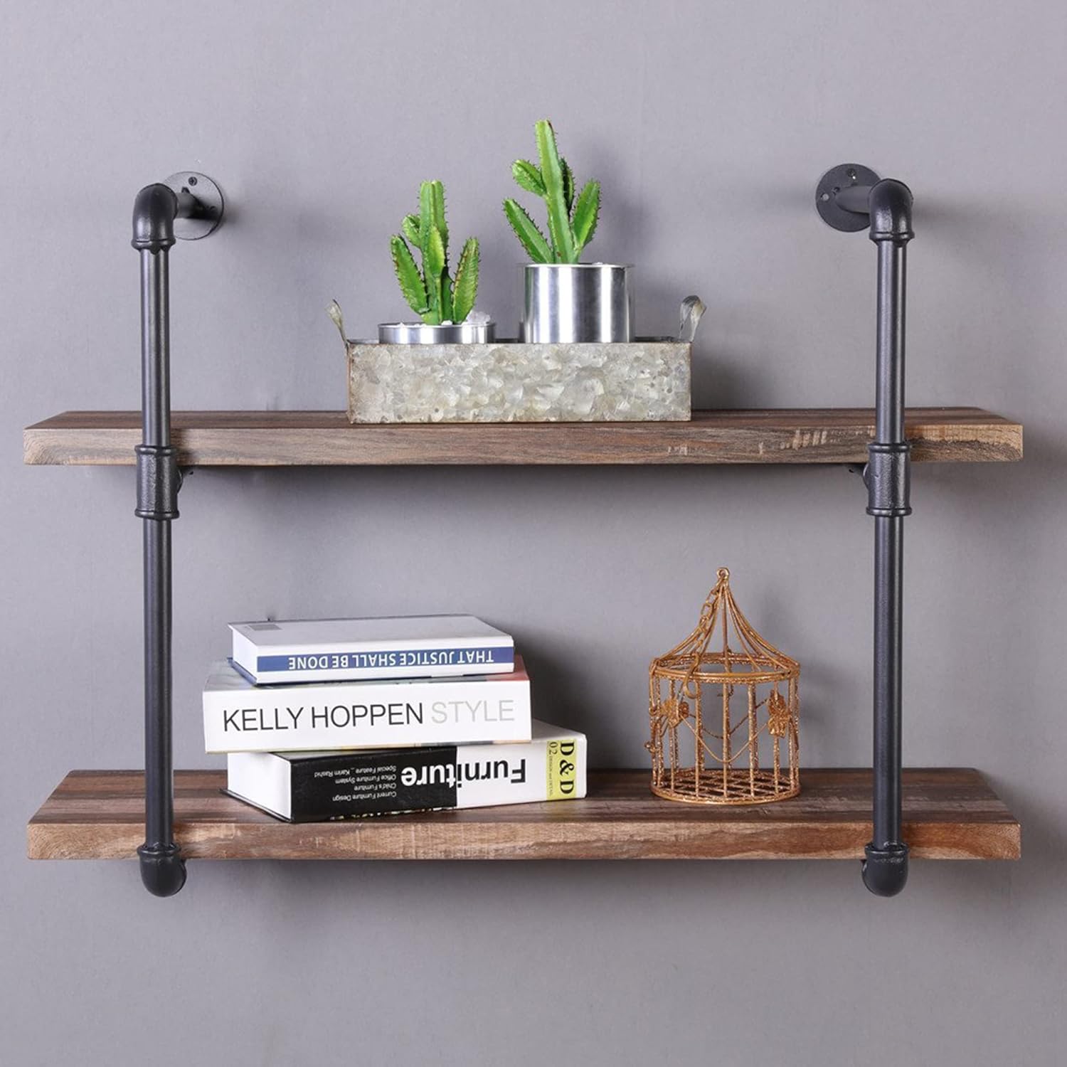 Homissue 2-Shelf Rustic Pipe Shelving Unit, Vintage Industrial Pipe Wall Shelf, Retro Brown Pack of 2