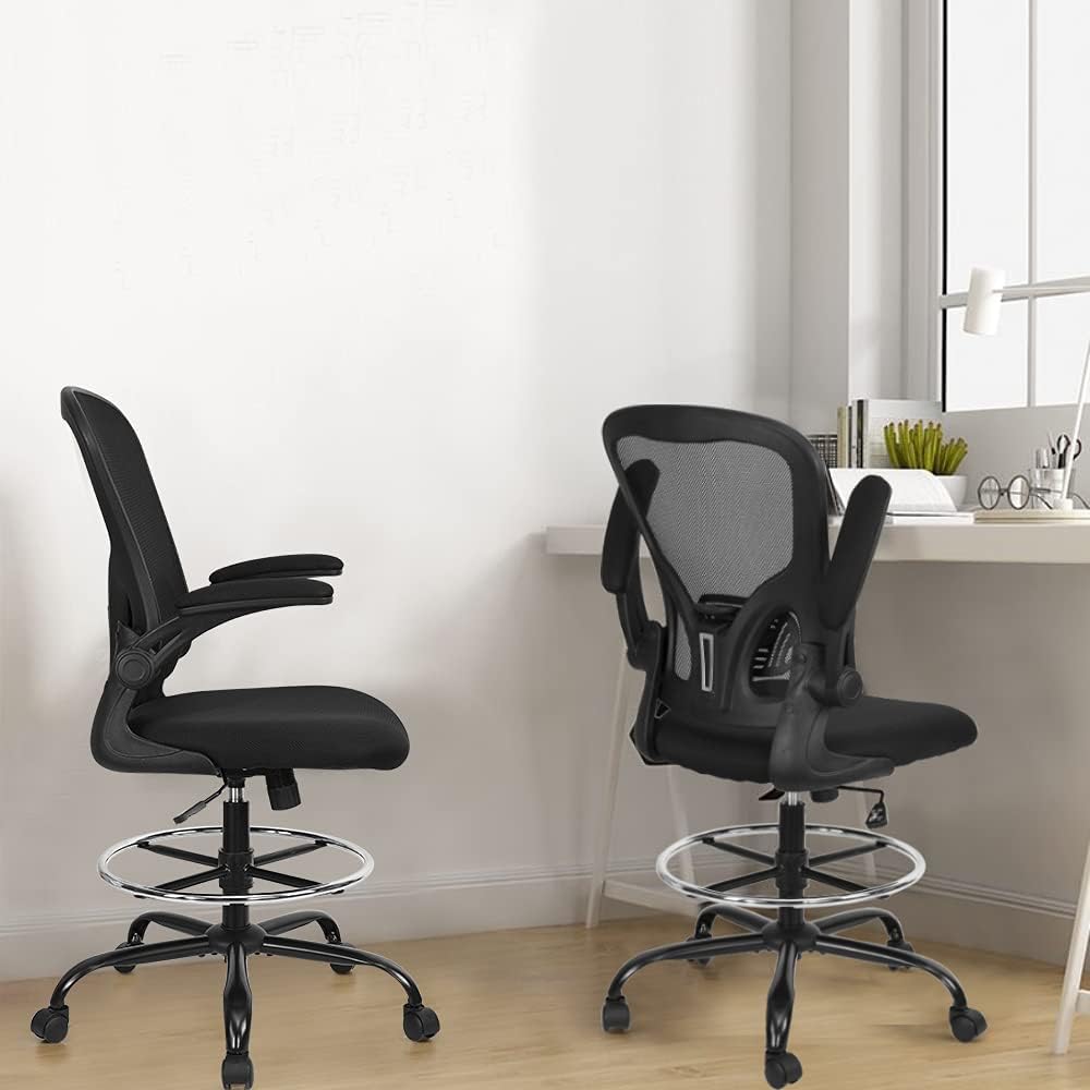 Tall Office Drafting Chair Mesh Ergonomic - Sit Stand Chair Executive Rolling Swivel Computer Task Chair with Back Support for Standing Desk Stool with Adjustable Foot Ring and Flip-Up Arms