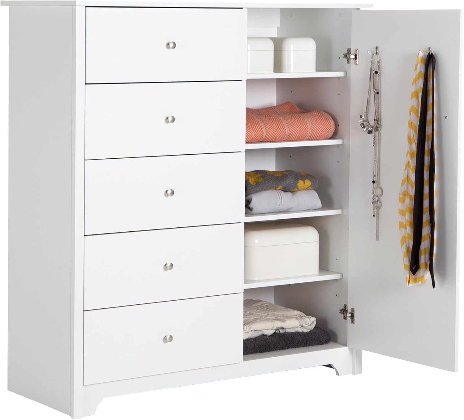 South Shore Vito Door Chest with 5 Drawers and Adjustable Shelves, Pure Black
