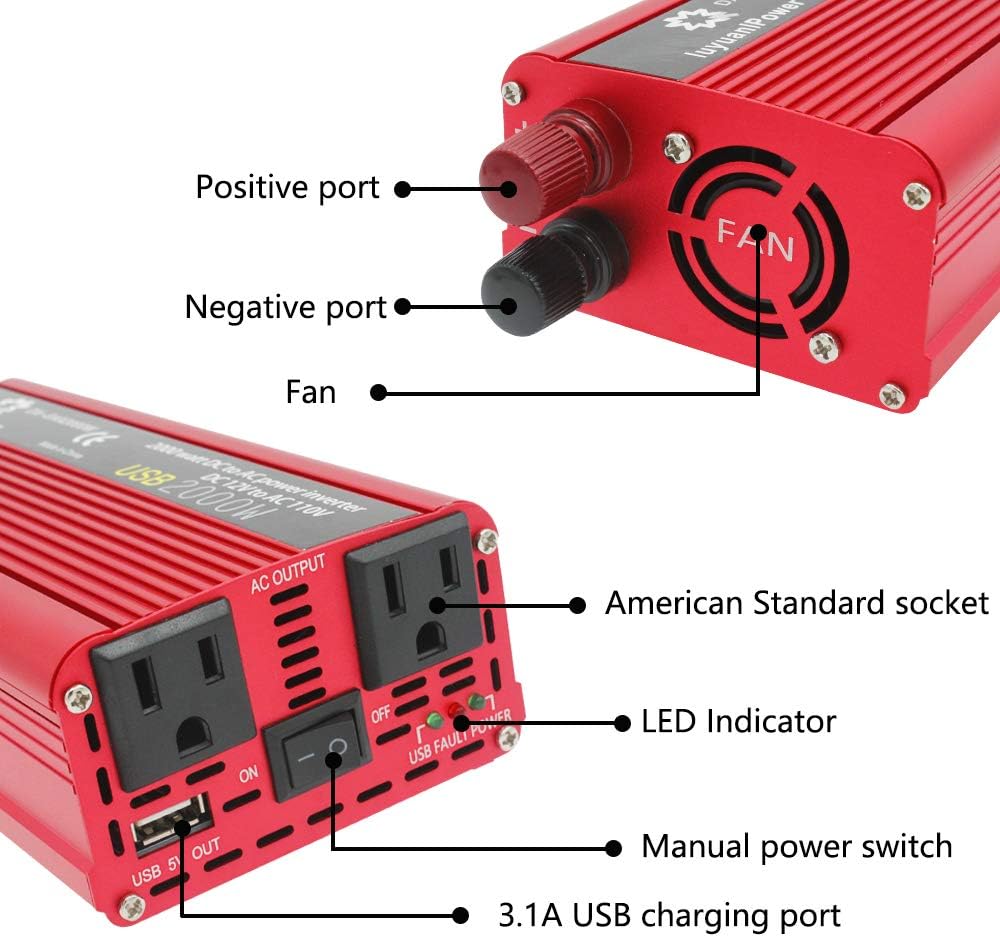 IpowerBingo 1000W Car Power Inverter DC 12V to 110V AC Converter for car