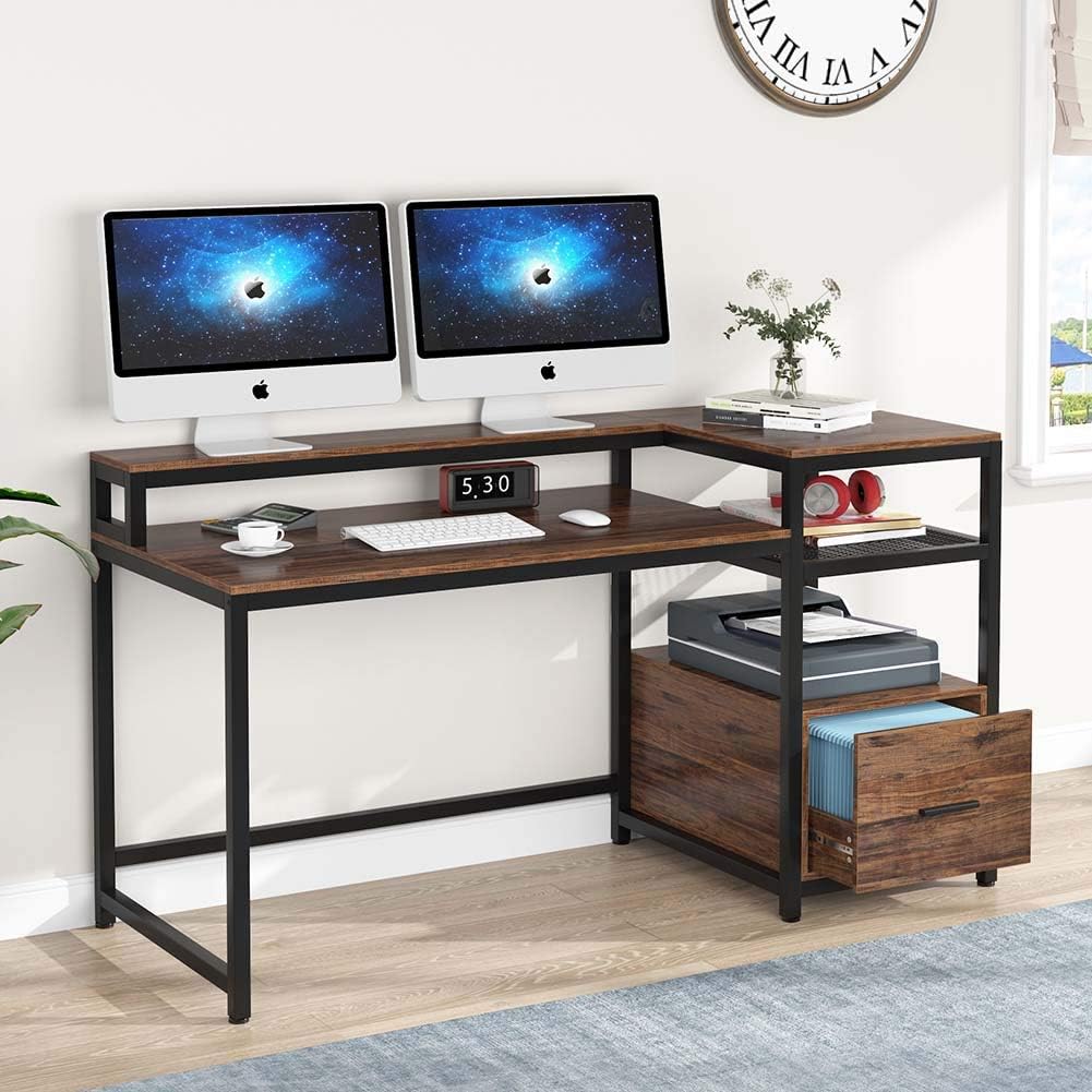 TIYASE Computer Desk with Hutch and Storage Shelves, 59 inch Large Modern Home Office Desk Computer Table Study Writing Desk Workstation with File Drawer and Monitor Shelf (Black)