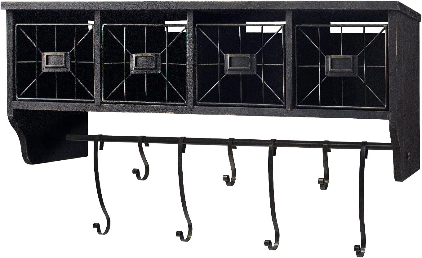 LAKUKU Coat Rack Shelf with 4 Baskets, Wall Mounted Shelf with Adjustable Hooks, Perfect for Entrance, Bathroom, Living Room and Kitchen Pack of 2