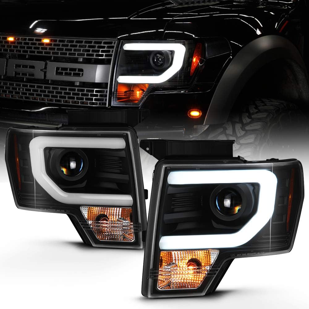 ACANII - For 2009-2014 Ford F150 Frost LED Tube DRL Chrome Housing Projector Headlight Headlamp, Driver & Passenger Side