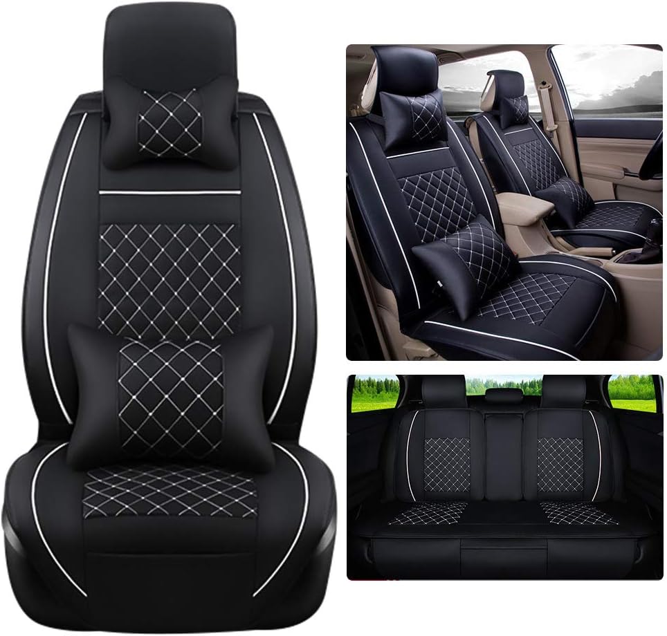 Fly5D Full Set Car Seat Cover Professional PU Leather Full Surround, Waterproof Comfortable Durable, Easy to Clean, Fit for Most of 5 Seats car,All Seasons Universal (Black/White Line)