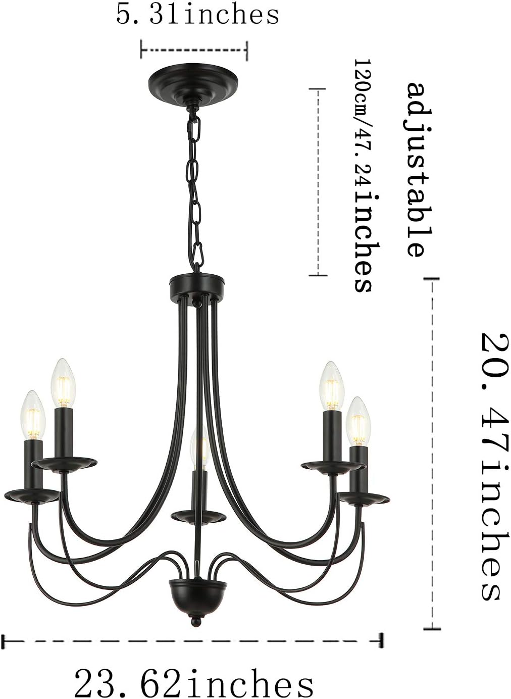 Riomasee Black Farmhouse Chandelier Rustic French Country Chandelier 5-Light Metal Candle Chandelier Light Fixture for Dining,Living Room,Foyer,Bedroom,Kitchen Island 23.6 Inches