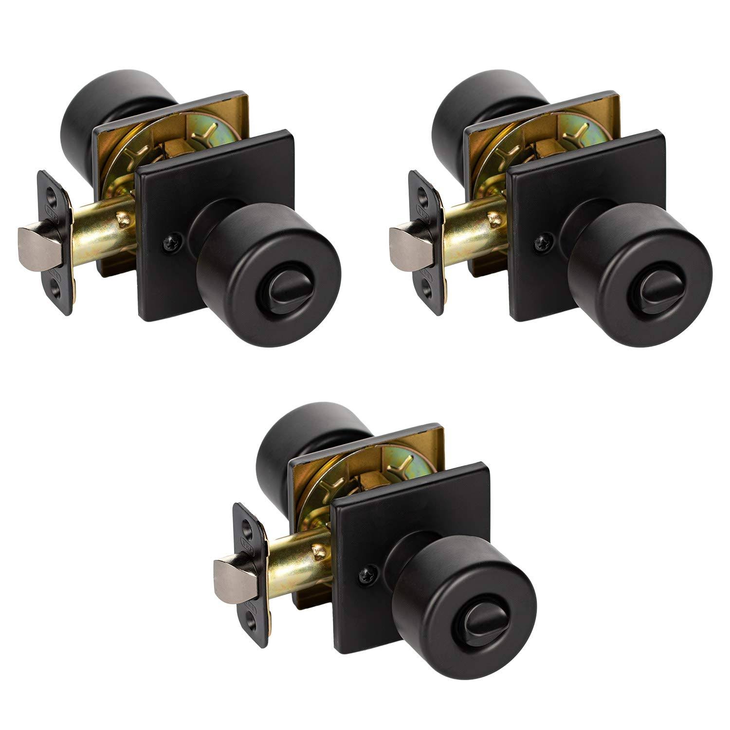 Value 3-Pack Modern Designer Flat Bed/Bath Privacy Door Knob with Square Rose in Matte Black