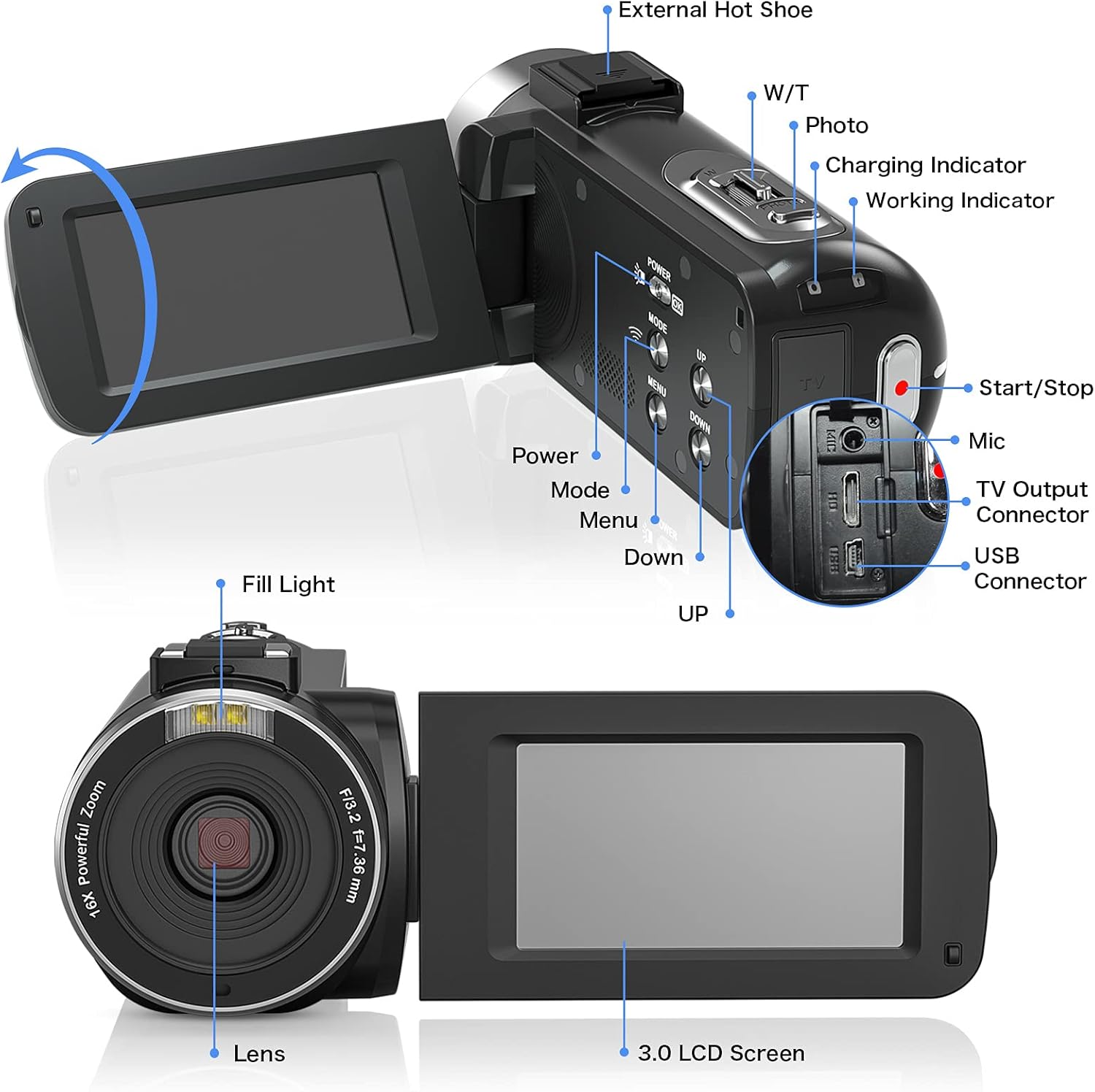 Video Camera Camcorder 1080P 36 MP Full HD Video Camera for YouTube with WiFi Vlogging Camera IR Night Vision Digital Camera Recorder 16X Digital Remote Control Camcorders Camera,1 Battery Pack of 2