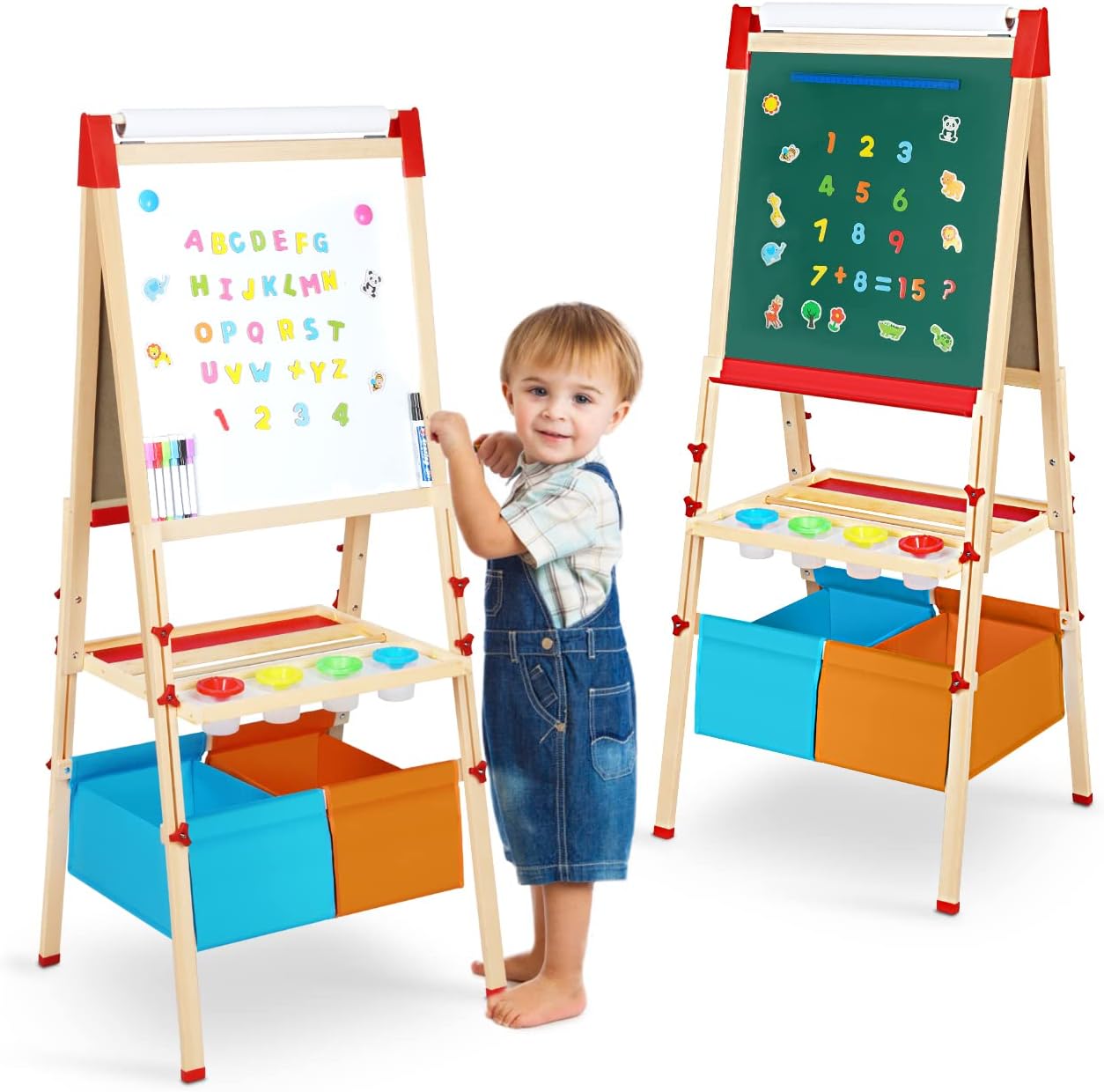 Kids Wooden Easel with Paper Roll, Fixget Upgrade Double-Sided Whiteboard & Blackboard Standing Easel, Art Easel with Numbers Magnetic Accessories Art and Craft Set Painting Drawing Gifts for Toddlers