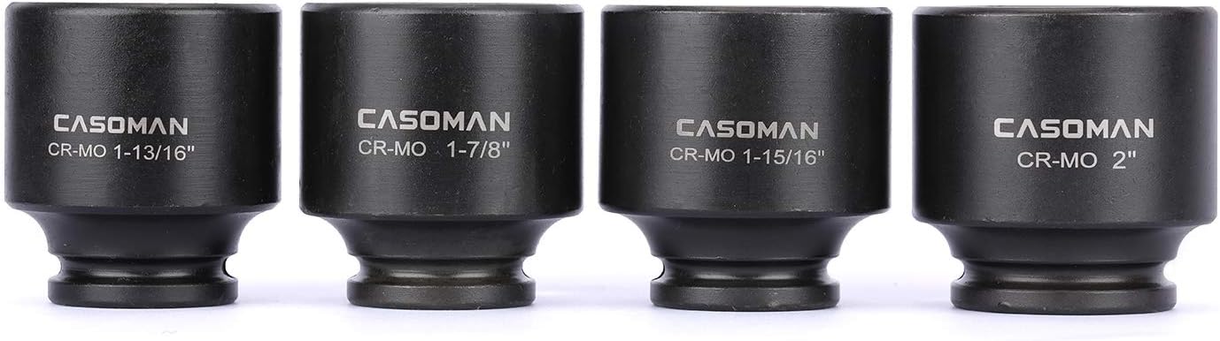 CASOMAN 1/2'' Drive Spindle Axle Nut Impact Socket Set, 6 Point, CR-MO,1-13/16, 1-7/8, 1-15/16, 2 inch, 4PC 1/2-Inch Impact Socket Set, Heavy Duty Use In Removing And Installing Axle Nuts