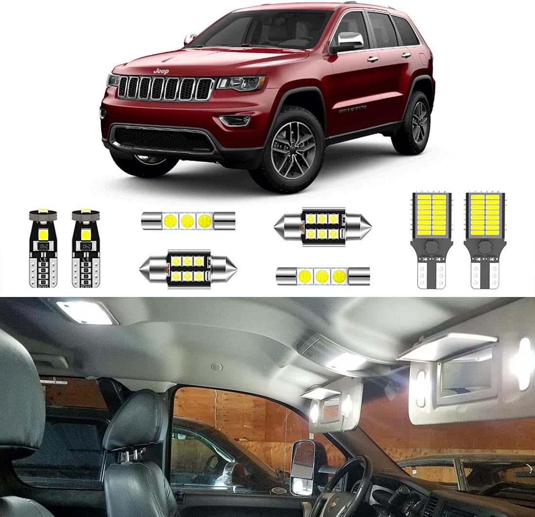LIGHSTA Super Bright White LED Interior Light Kit Package for Jeep Grand Cherokee 2011 2012 2013 2014 2015 2016 2017 2018 2019 2020 + License Plate Lights and Install Tool