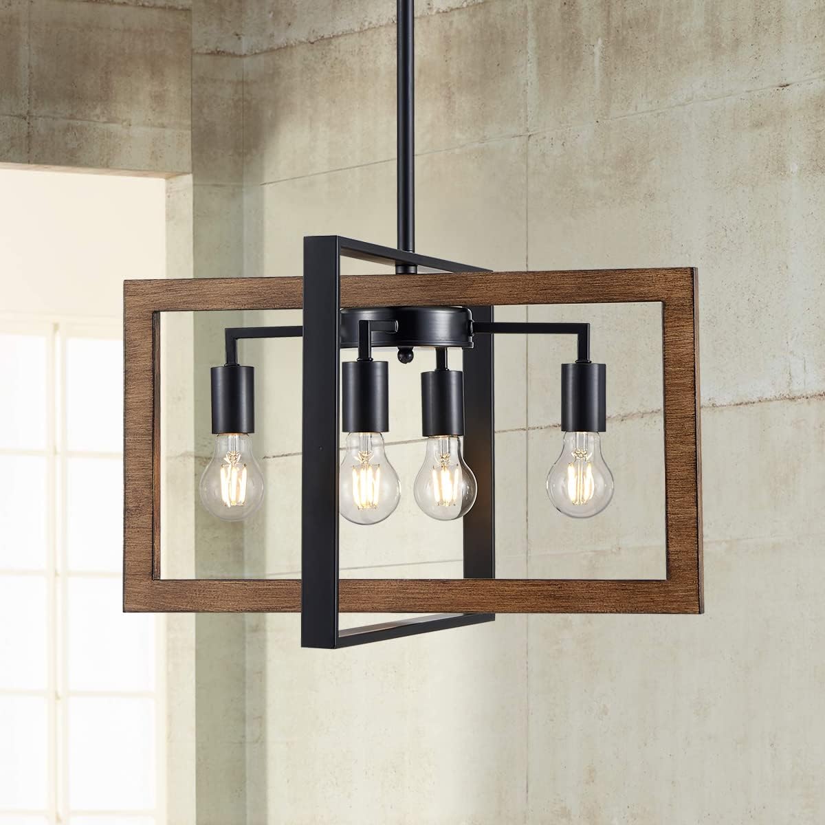 XINGQI Cross Chandelier, Rustic Ceiling Light Black + Reclaimed Oak Style Wood Finish Metal Linear Farmhouse Pendant Lighting for Living Room Dining Room Bedroom Kitchen Island 4 Light