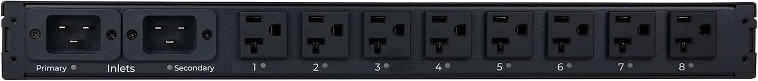 Synaccess Automatic Transfer Switch (ATS) Metered Power Distribution Unit (PDU) 120V/20A (8) Outlets 5-20R - 1U Horizontal Mount - Accurate Current RMS Display 0.1A Precision - 2X C20 Input