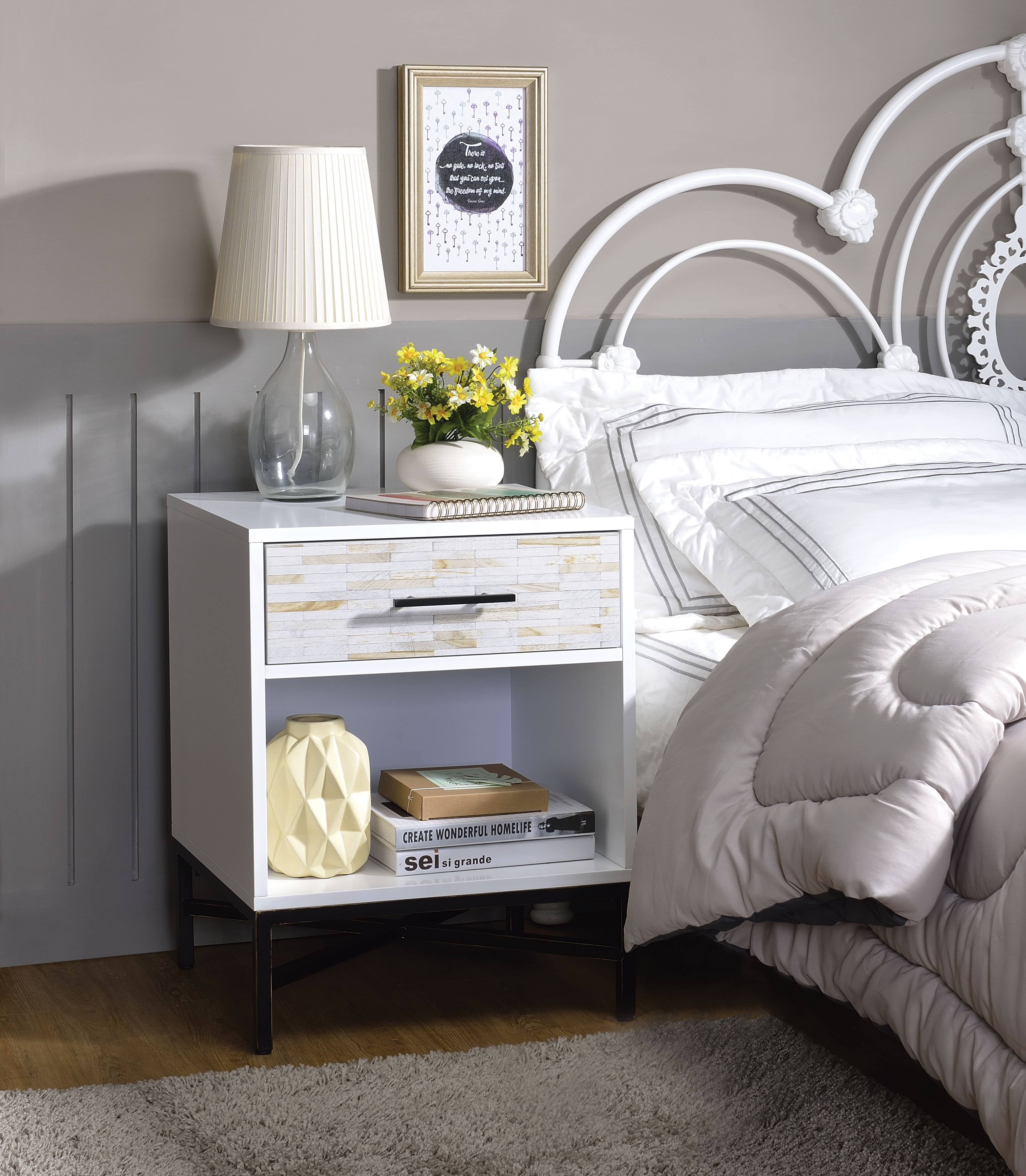 Wood Metal Nightstand with One Drawer and One Open Shelf, White Black