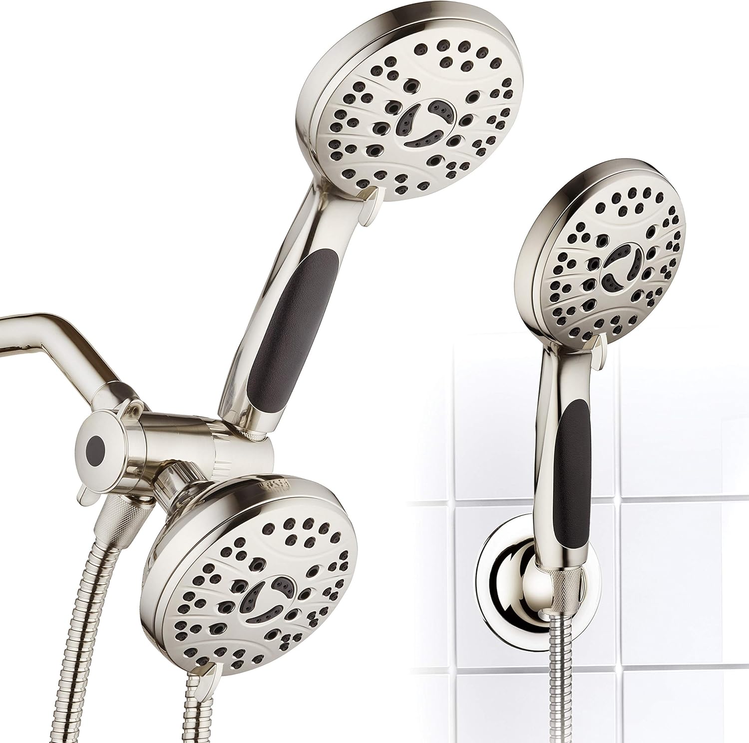 AquaSpa High Pressure 48-mode Luxury 3-way Combo &ndash; Dual Rain & Handheld Shower Head &ndash; Extra Long 6 Foot Stainless Steel Hose &ndash; Anti Slip Grip &ndash; All Chrome Finish &ndash; Top US Brand &ndash; Extra Wall Bracket