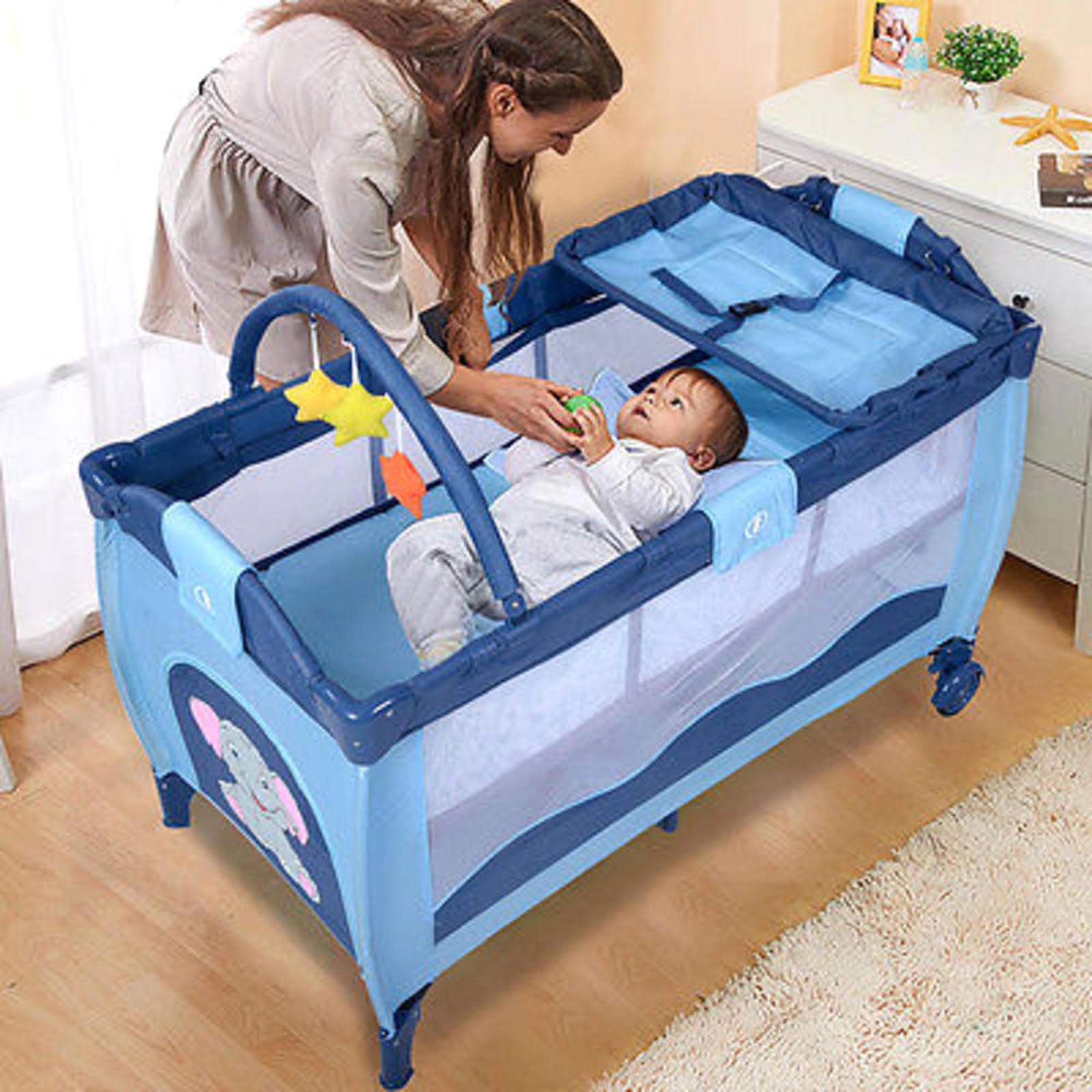 Portable Baby Crib Playpen Playard Pack Travel Infant Bassinet Bed Blue