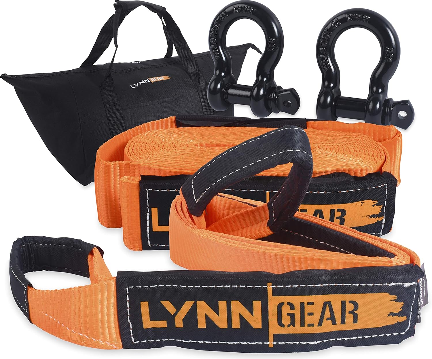 LYNN GEAR - 2PK Tow & Recovery Strap (32,000+ LB Break Strength) & D Ring Shackle Combo Kit | (1) 10' Strap, (1) 30' Strap, (2) Shackles & HD Tote | Vehicle Hauling Offroad for Pickups, ATV & Trucks!