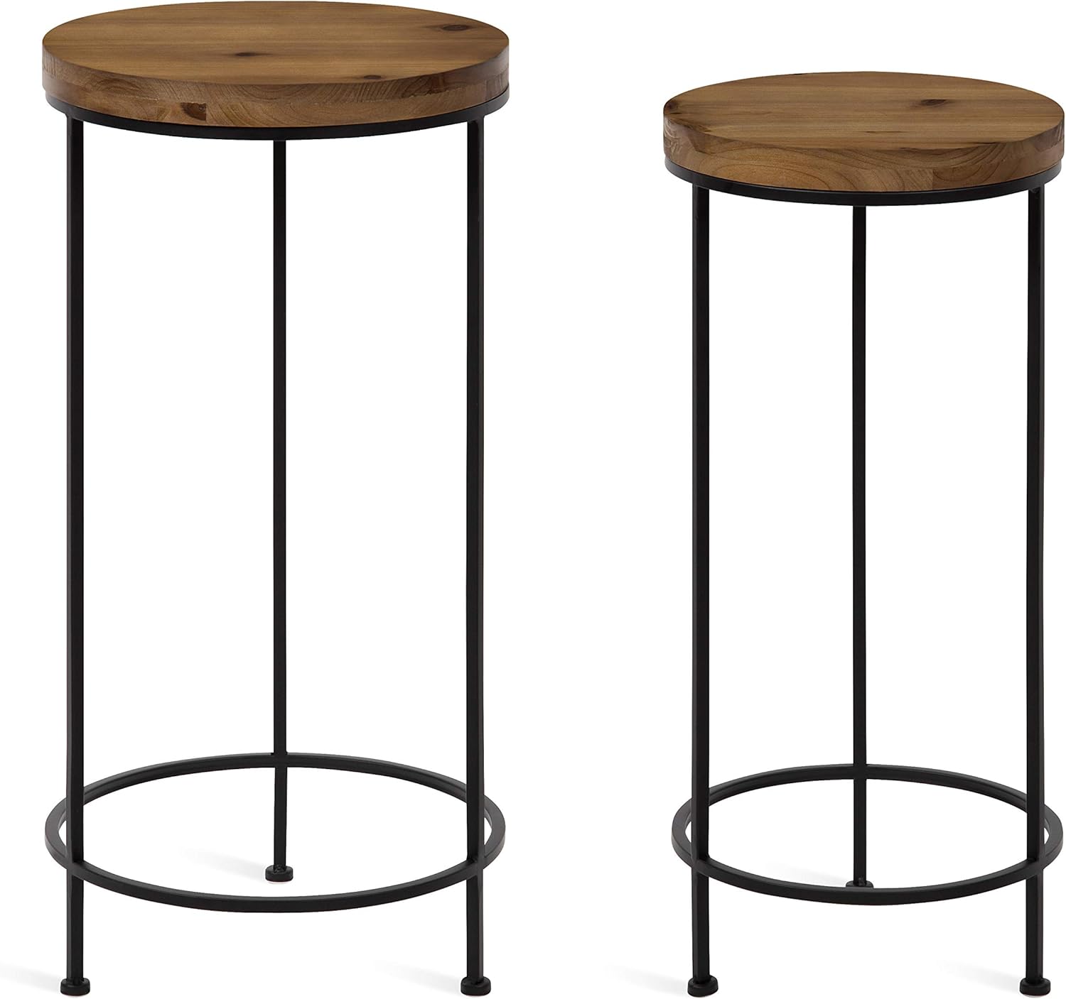 Kate and Laurel Espada Rustic Round End Table, Set of 2, Rustic Wood and Black Metal Frame, Farmhouse-Inspired Home Accent