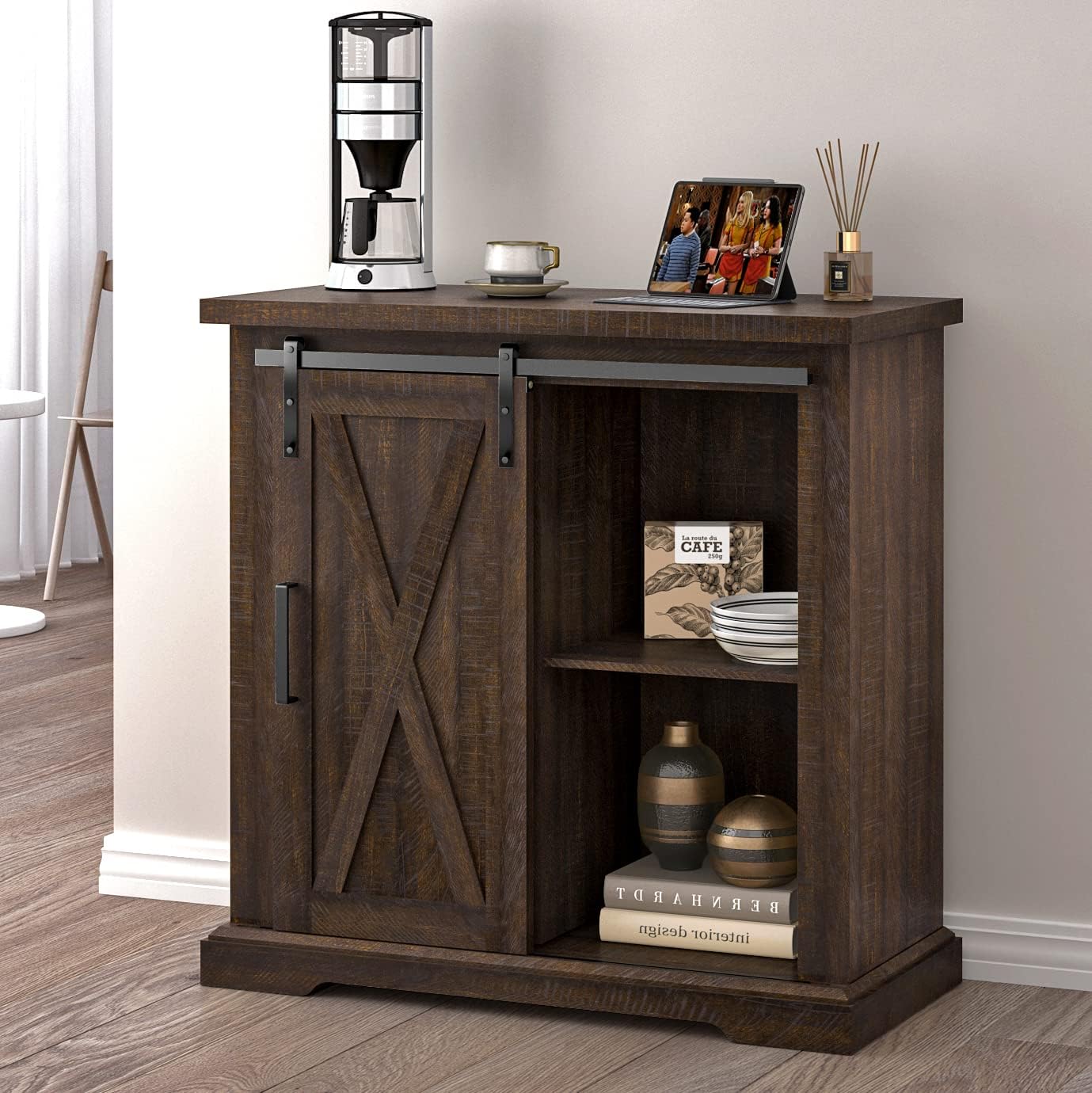 Allewie Farmhouse Accent Buffets Storage Cabinet with Sliding Barn Doors and 4 Adjustable Shelves,31.5 Inch Sideboards for Living Room,Kitchen,Bathroom,Rustic Walnut