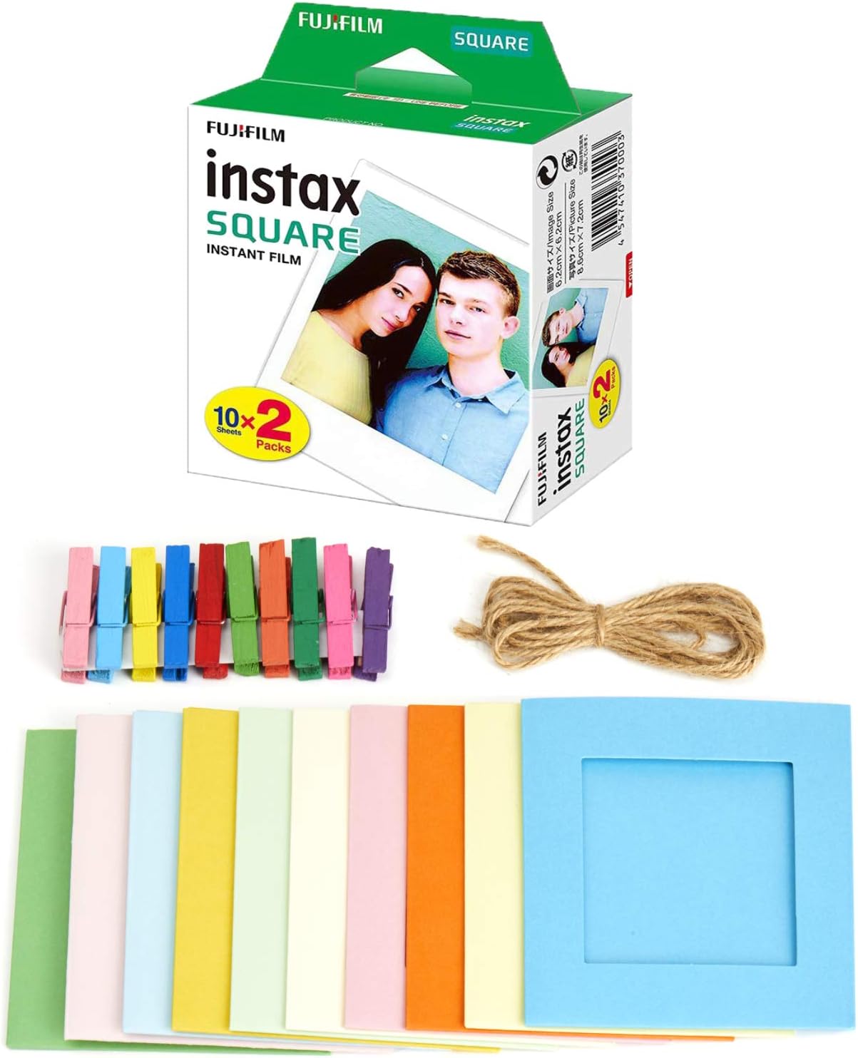 Fujifilm instax Square Instant Film + Hanging Photo Frames for Square Film Assorted Colors – Deluxe Accessory Bundle (20 Exposures) Pack of 2
