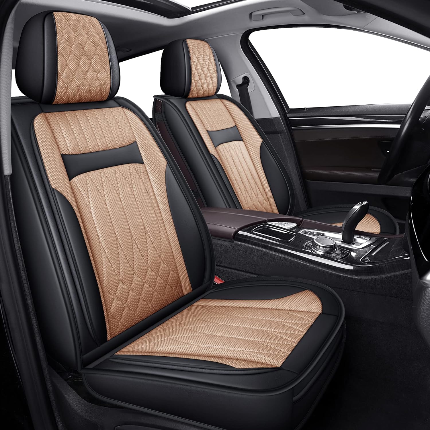 TZAUT-AXLE Beige Front Seat Covers for Cars Airbag Compatible Cooling Seat Cushion Auto Waterproof Seat Cover Accessories Fit SUV Car