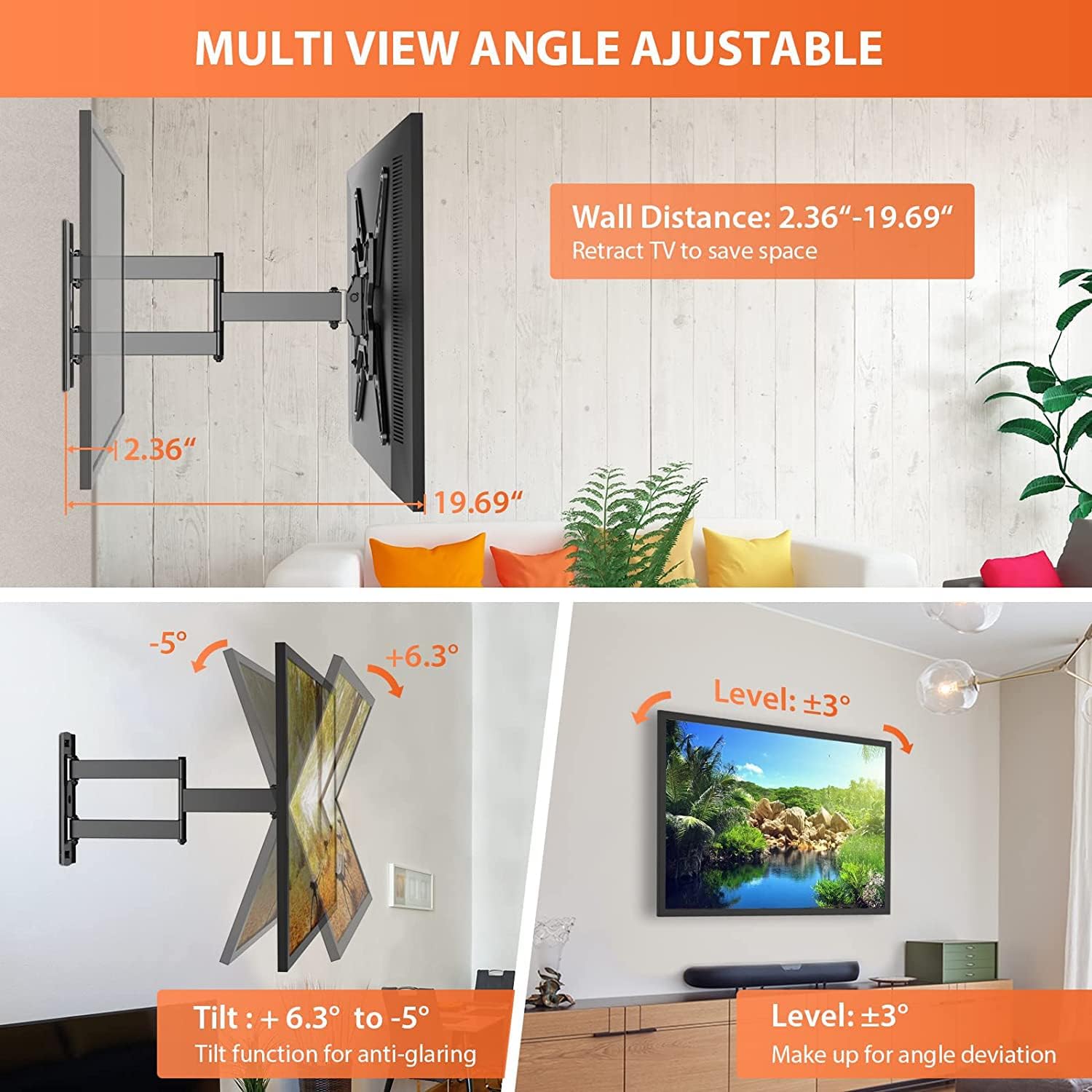 Full Motion TV Wall Mount for 23-55 Inch LED LCD Flat Curved TVs with Swivel Articulating Extends Tilt Arm fit Max VESA 400x400mm up to 88lbs by Perlegear– PGMF5 Pack of 2