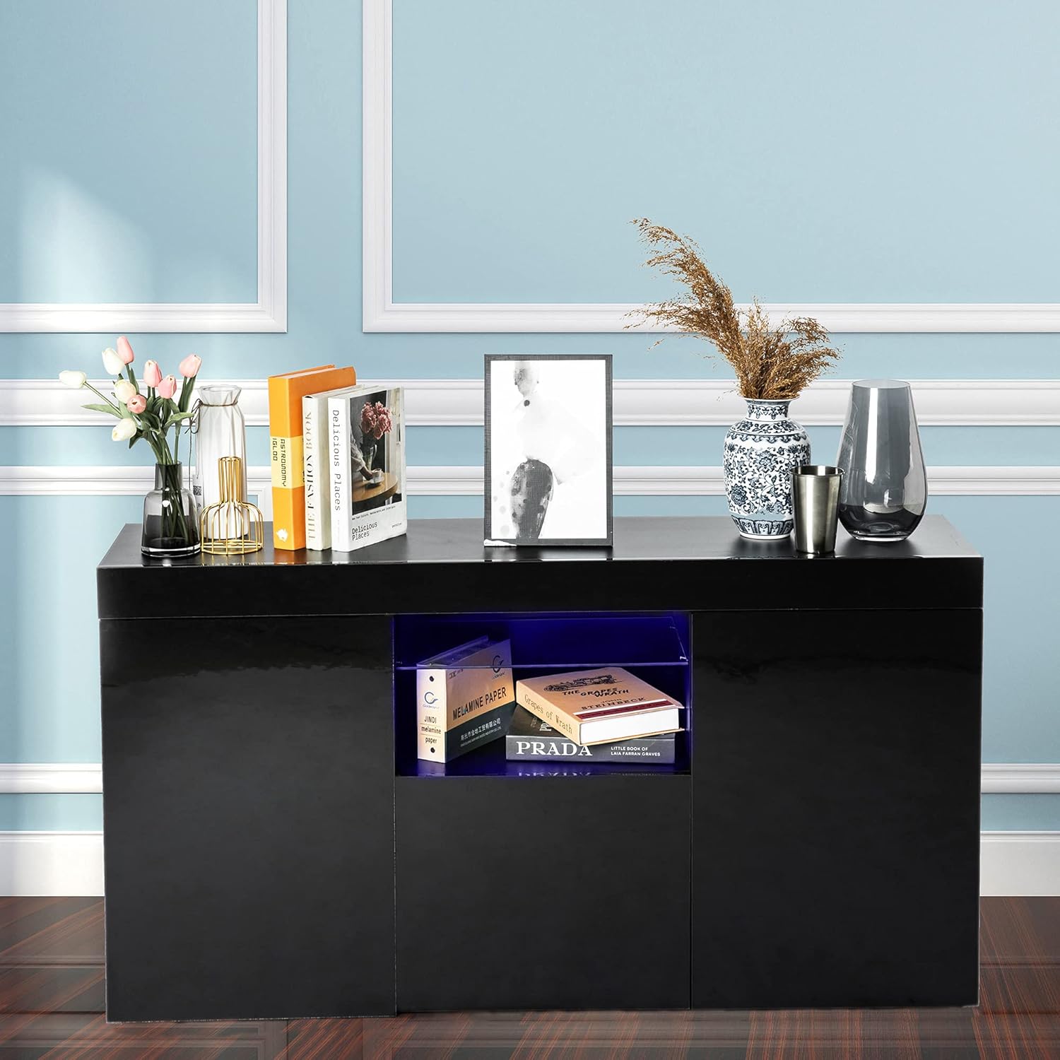 AWQM Black Sideboard, TV Cabinet with Led Lights/16 Colors, High Glossy Panel, UV Coated, Perfect As A Kitchen Cabinet, Bar Cabinet. 53.1