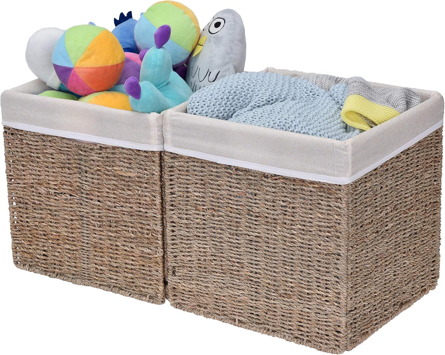 StorageWorks Rectangular Wicker Baskets for Shelves, Natural Seagrass Storage Baskets with Linings, 11 ¾ x 11 ¾ x 11 ¾ inches, 2-Pack Pack of 2