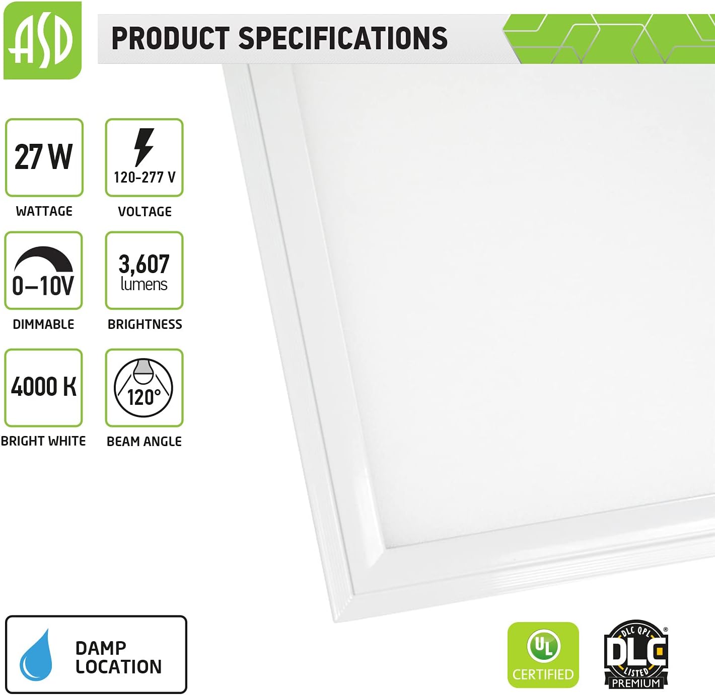 ASD 2x2 LED Flat Panel Light 27W (70 W Equivalent) Dimmable - 3607 Lm Edge Lit Panel 4000K (Bright Light) - 120-277V Square Drop Ceiling Indoor Commercial Fixture - UL Listed DLC Certified - 4 Pack