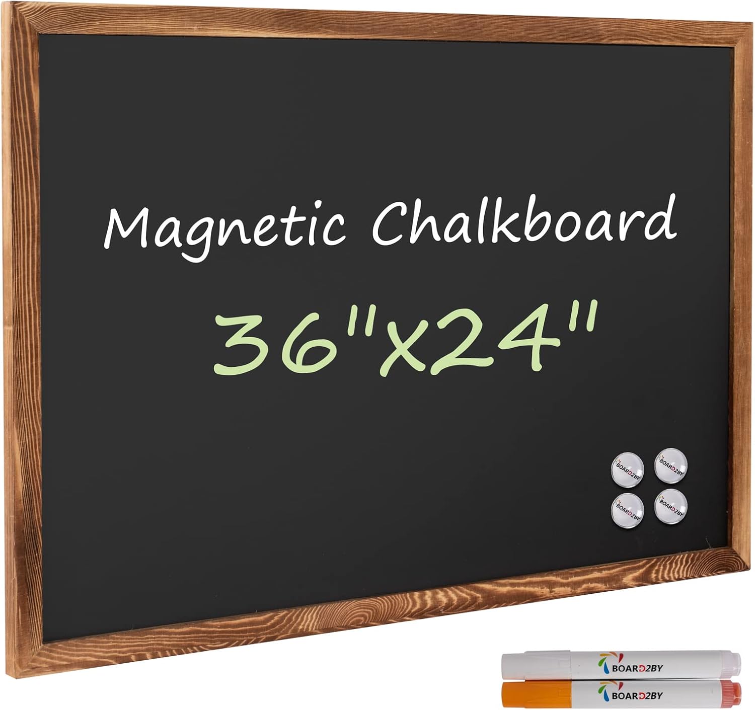 Board2by Rustic Wood Framed Magnetic Chalkboard 24 x 36, Large Hanging Chalk Board Sign for Kids, Non-Porous Wall Blackboard for Wedding Kitchen Restaurant Menu and Home with 4 Unique Magnets, White Pack of 2