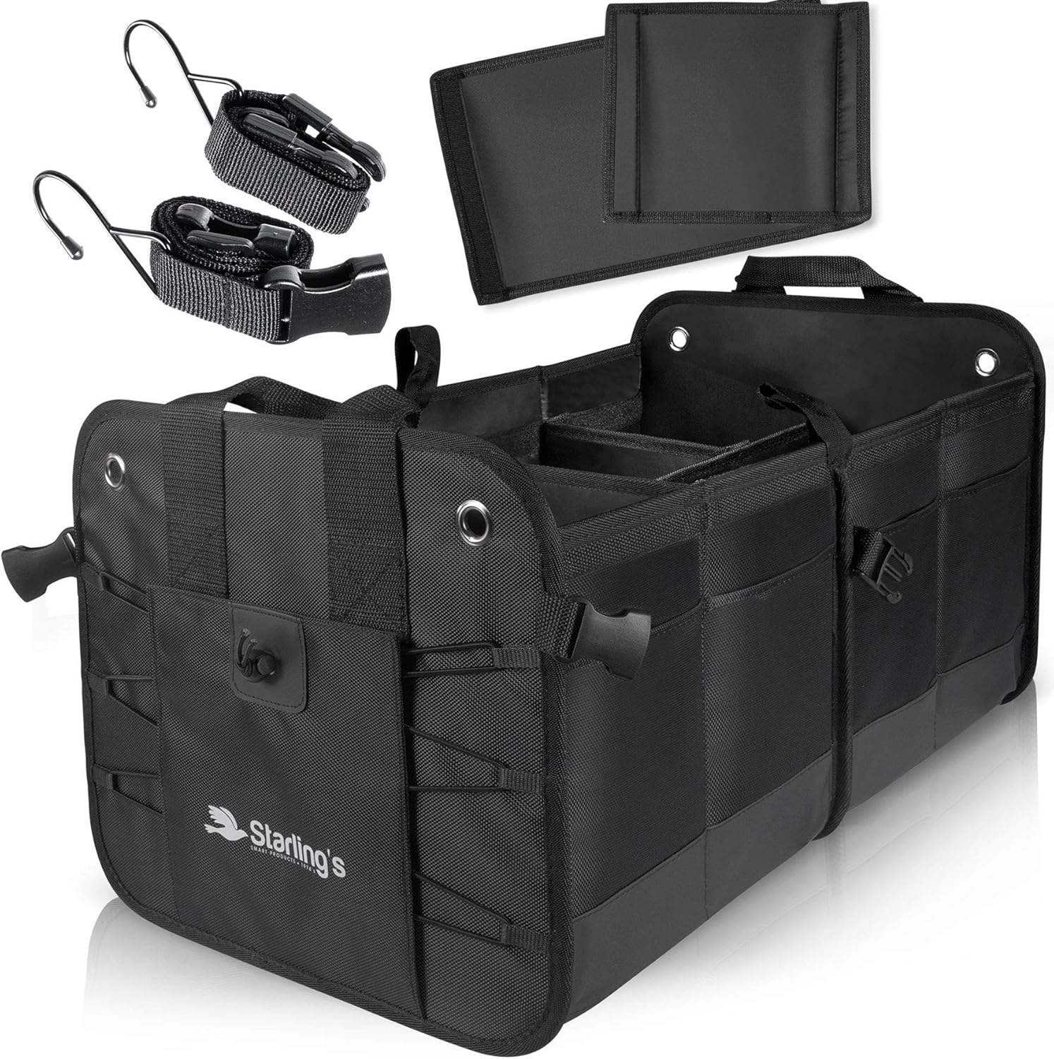 Starling's Car Trunk Organizer - Durable Storage SUV Cargo Organizer Adjustable (Black, 3 Compartments) Pack of 2