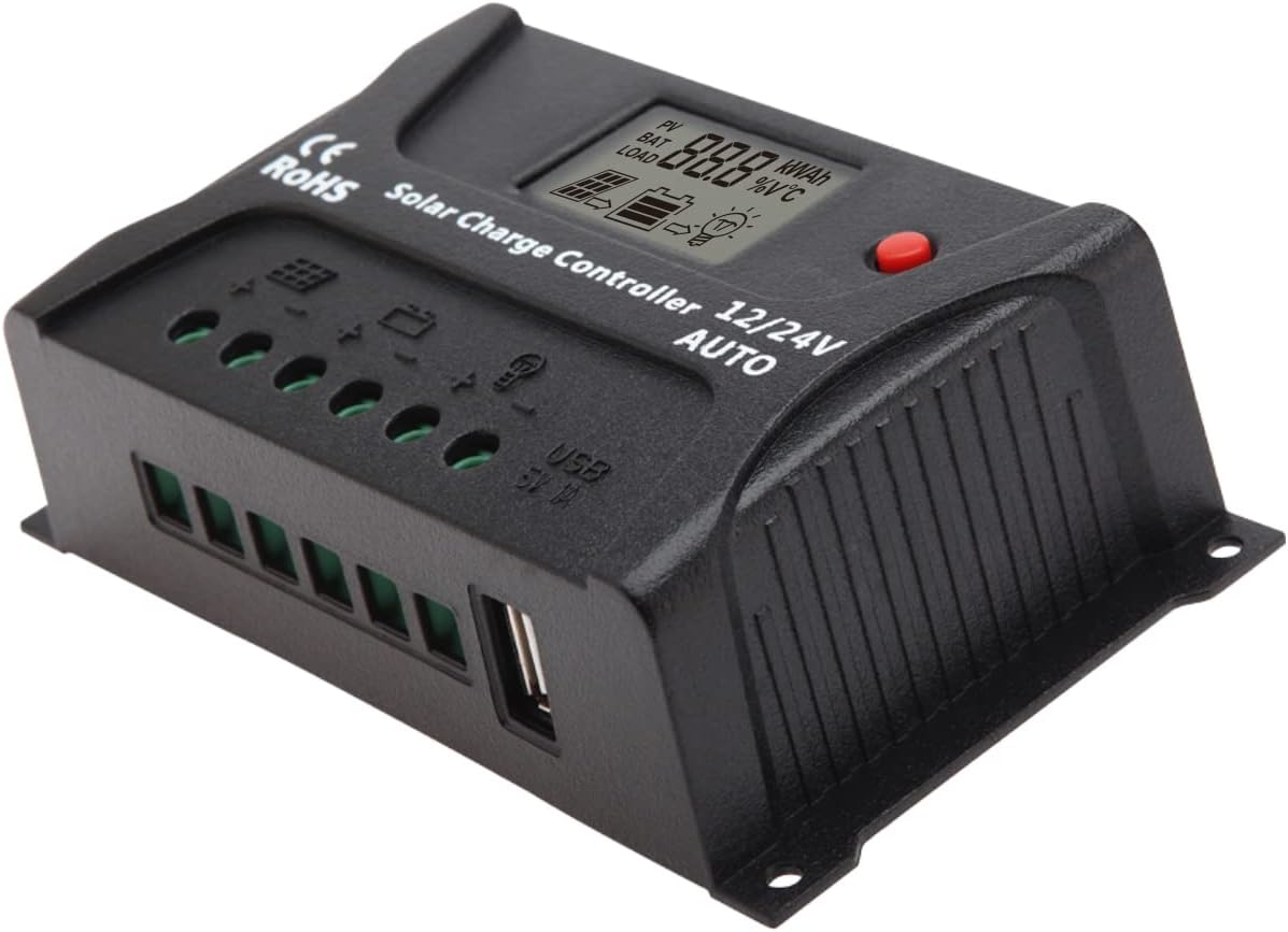 HQST 20Amp 12V/24V PWM Solar Charge Controller Regulator with LCD Display, USB-A Port, Compatible with Sealed, Flooded Lead-Acid Batteries