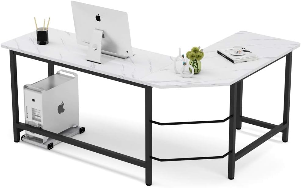 Tribesigns Modern L-Shaped Desk Corner Computer Desk PC Laptop Study Table Workstation Home Office Wood & Metal (White/Black)